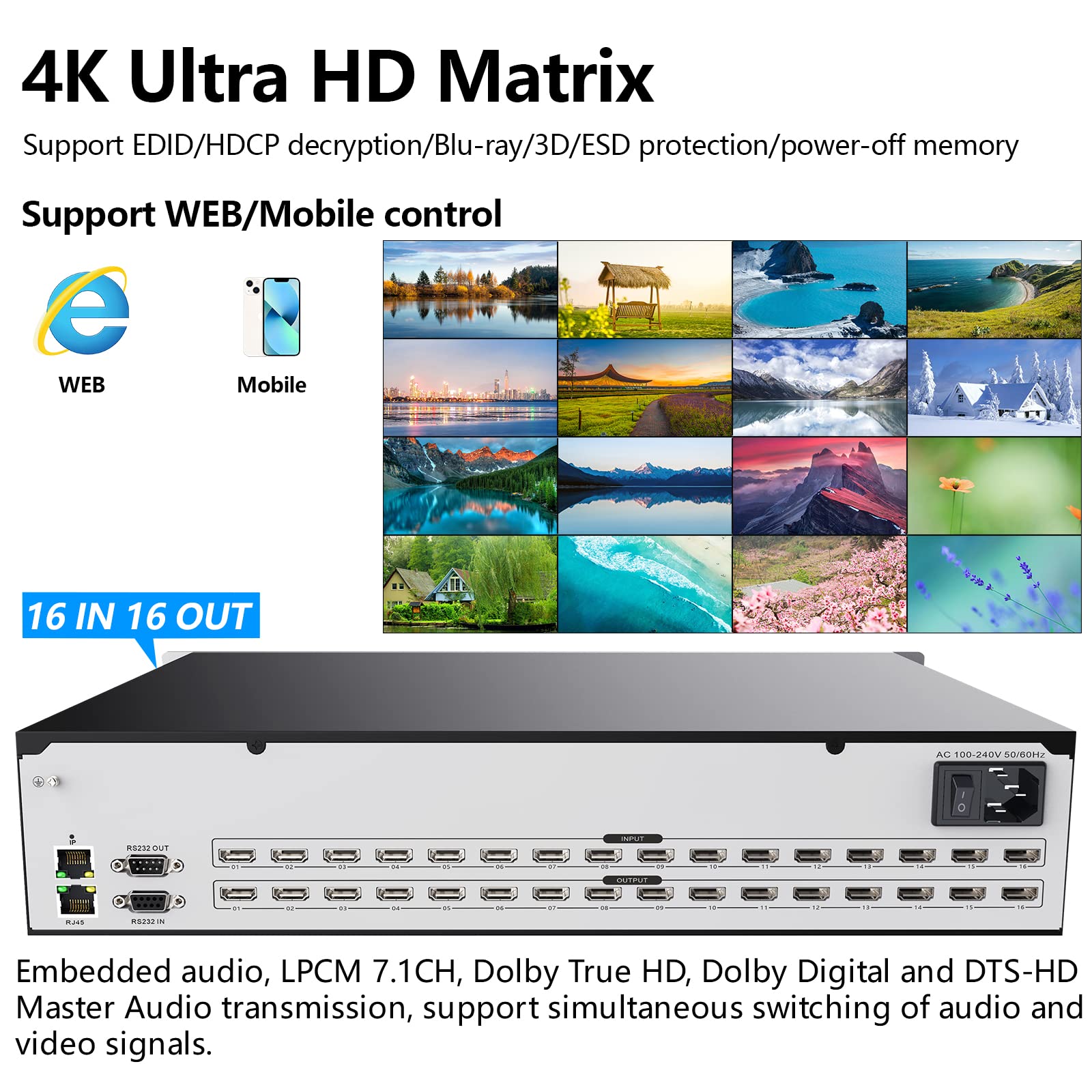 ICUIXIAN Przełącznik matrycowy 16 wejść 16 wyjść 4k x 2k przy 30 Hz HDMI, matryca HDMI obsługuje sterowanie WEB HDMI1.4a standardowa Blu-Ray Dolby True HD, Dolby Digital i DTS-HD Master Audio