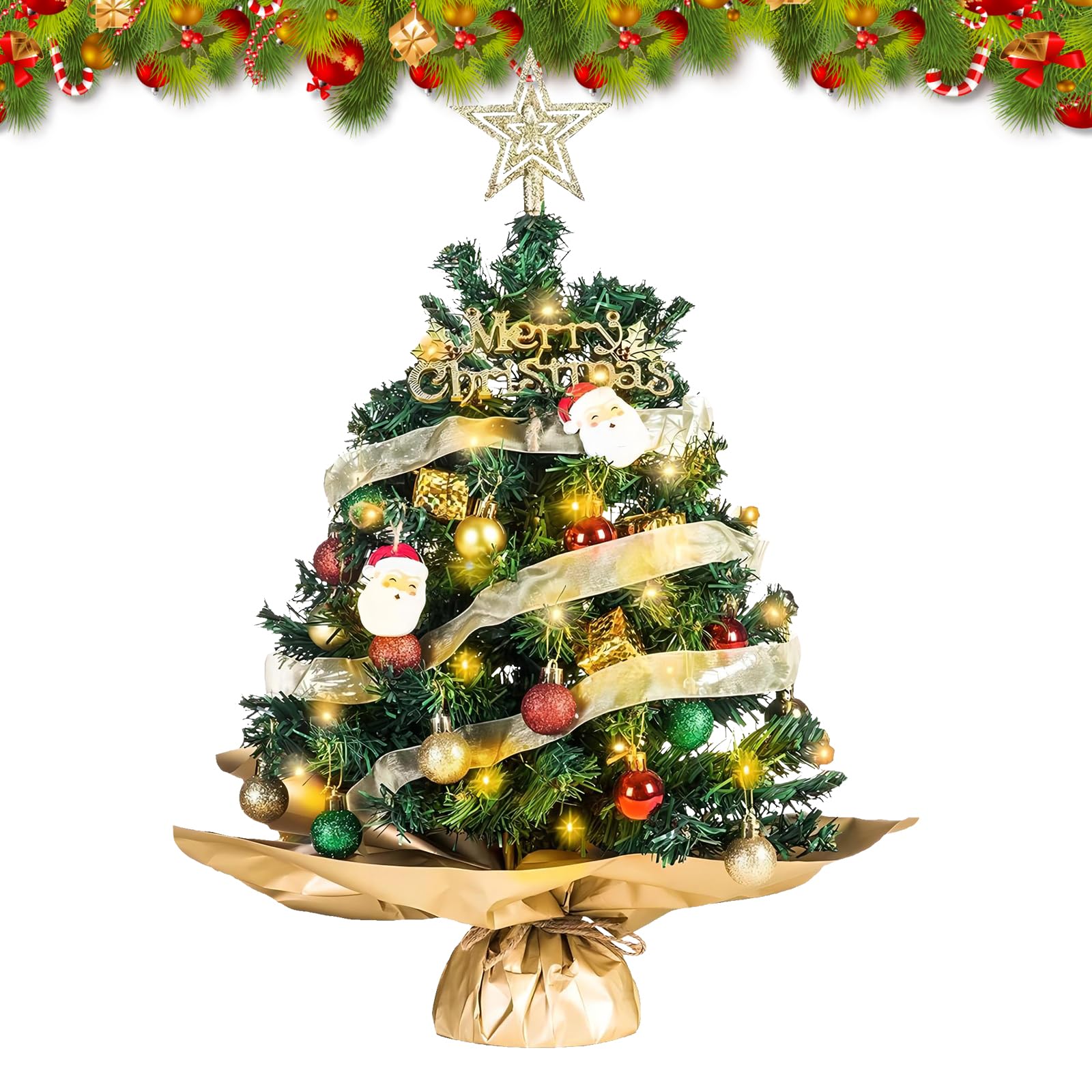 Mini Albero di Natale Con Luci LED, Artificiale da Tavolo Con Stella e Palline, Piccolo per Casa, Ufficio, Bar, Tavolo da Pranzo Decorazioni (B)