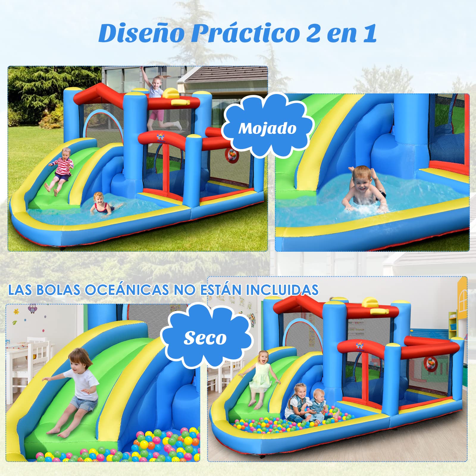 COSTWAY Tobogán Acuático Inflable, Castillo Inflable con Tobogán Mojado Seco para Interior y Exterior, Parque Acuático Portátil para Patio con Pelotas, Pelota de Baloncesto Inflable sin Compresor