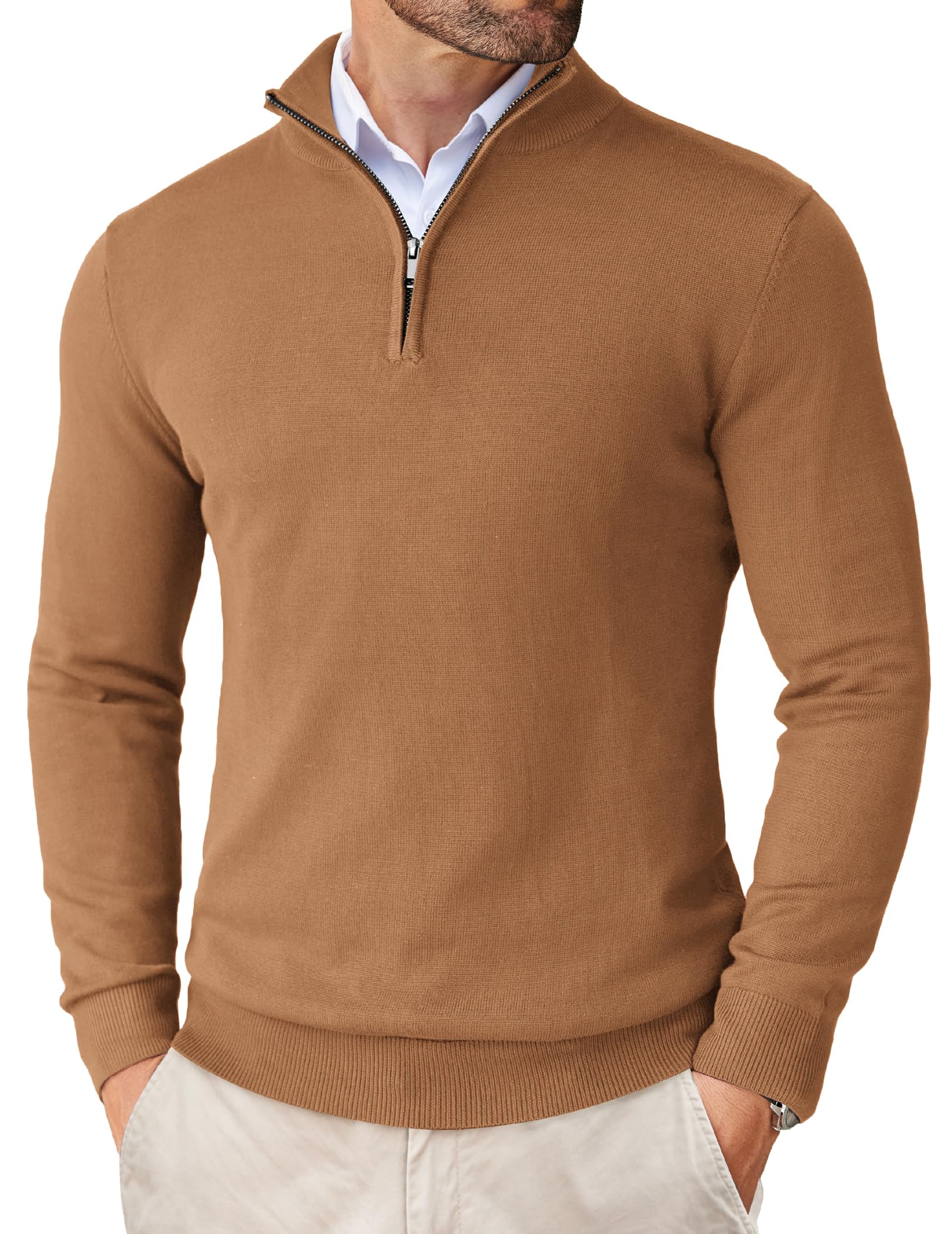 Coofandy Men's Quarter Zip Up Sweaters Casual Uomo (Pacco da 1) | Superficie testurizzata, morbida al tatto, colletto classico, vestibilità comoda, abbinabile in molti modi