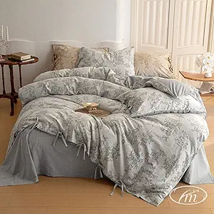 VM VOUGEMARKET Jacquard Floral Duvet Cover Queen Gray Bedding Set, Linen Cotton Yarn-Dyed Comforter Cover 90"x90" with 2 Pillowcases,Soft Breathable,Gray