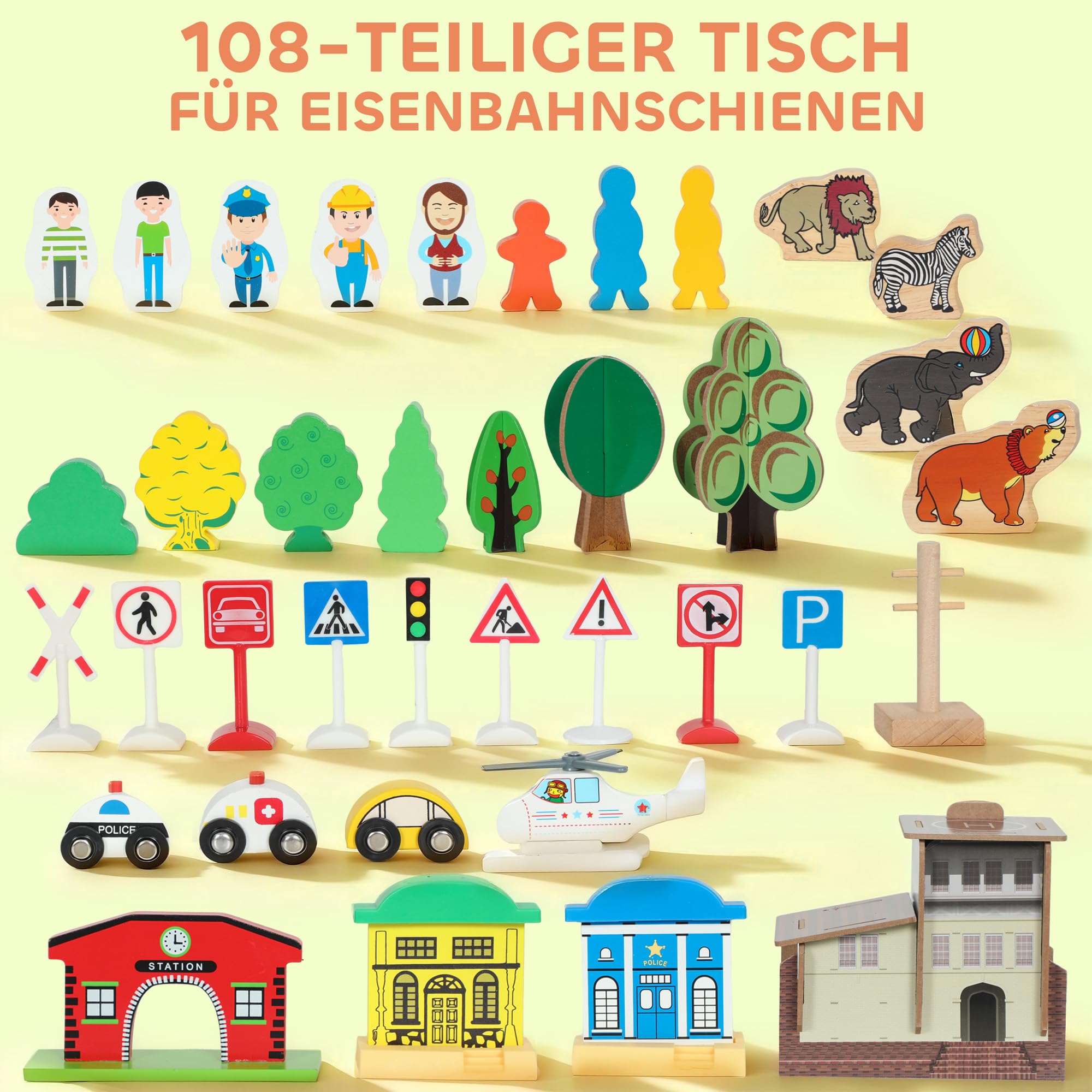 AIYAPLAY Spieltisch 108-teiliges Eisenbahn-Set für Kinder ab 3 Jahren Blau | Aus Holz, Holzeisenbahn mit Abnehmbarer Tischplatte, Eisenbahntisch