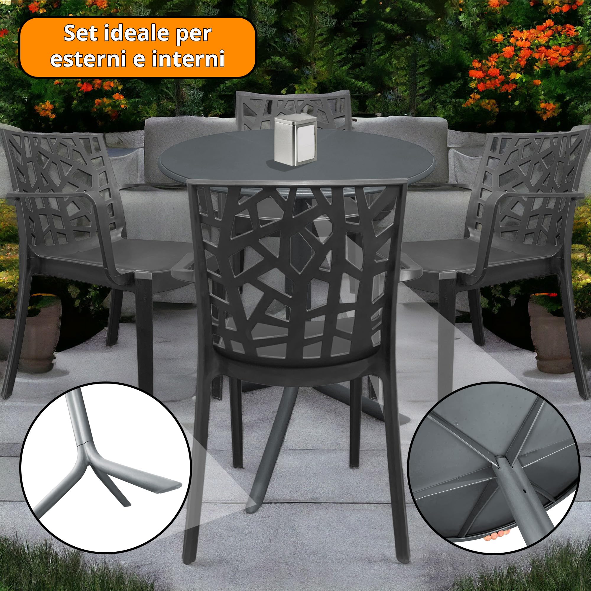 Sicignano | Set 2 Poltrone con Tavolo Tondo, 3 Pezzi, Plastica, Completo Scuro, con Braccioli - Impilabile, Resistente agli UV, Arredo Interno Esterno Bar Pub Giardino Terrazzo, Made in Italy