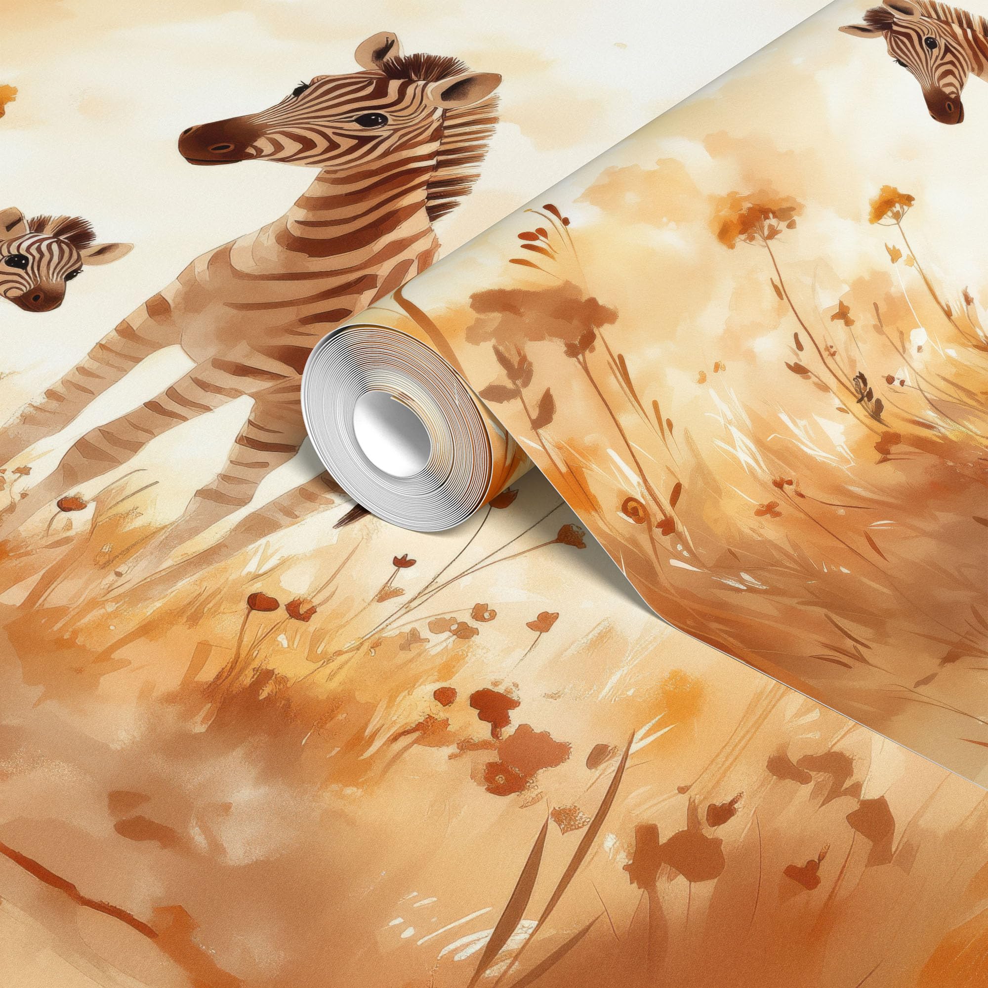 Samoprzylepna fototapeta z zebrą i źrebakiem zebry akwarela | Folia samoprzylepna odcienie beżu i brązu piękny wzór safari do pokoju dziecięcego niemowlaka dziewczynki chłopca 150x105 cm