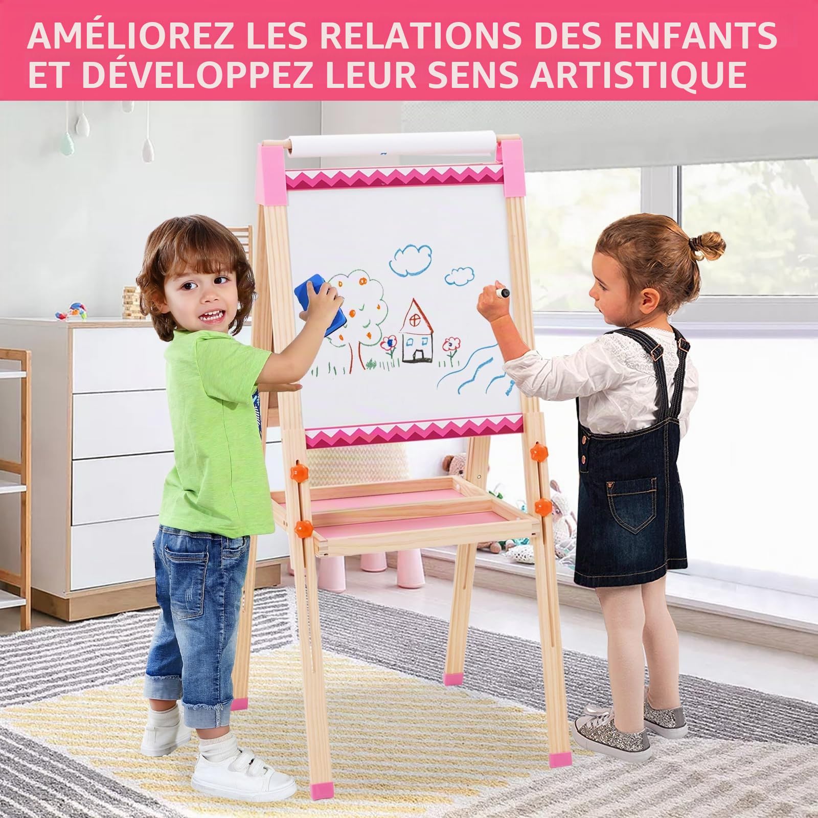 Chevalet pour Enfants Avec Rouleau de Papier à Dessin,Tableau Noir Double Face Pliable,Tableau Blanc Magnétique et Support pour Papier à Peindre,Cadeau pour Tout-Petits Garçons et Filles