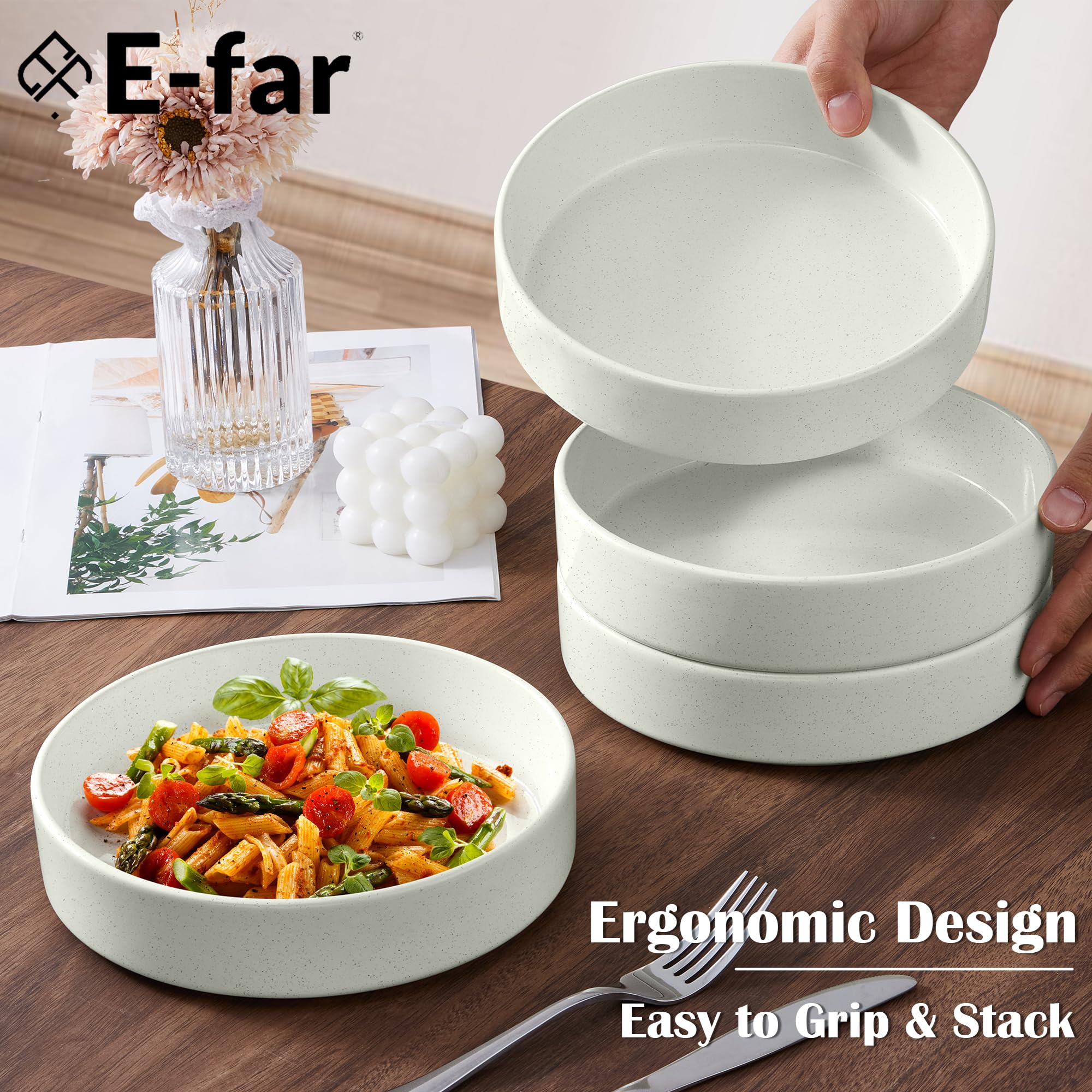 E-far Juego de 4 cuencos para pasta, platos grandes de cerámica de 35 onzas para servir sopa, platos de pasta de gres poco profundos, aptos para microondas y lavavajillas, color blanco moteado