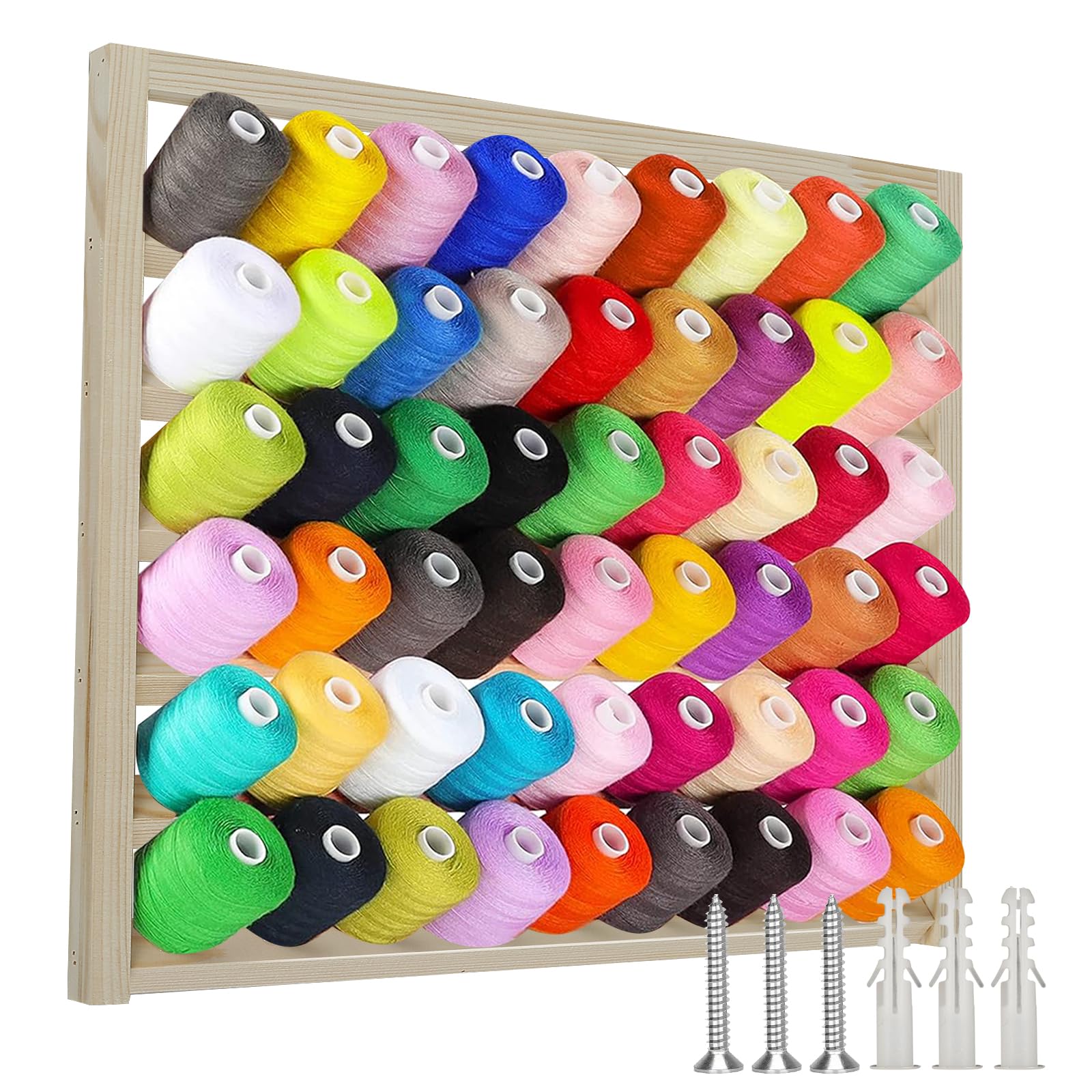 NIHUIFDPY 54 Spool Wooden Thread Rack, Wall Mounted Thread Holder Organizer with Screws, Multi Purpose Sewing Spool Holder Thread Organizer for Embroidery Sewing Threads Hair Band(54 Spools)