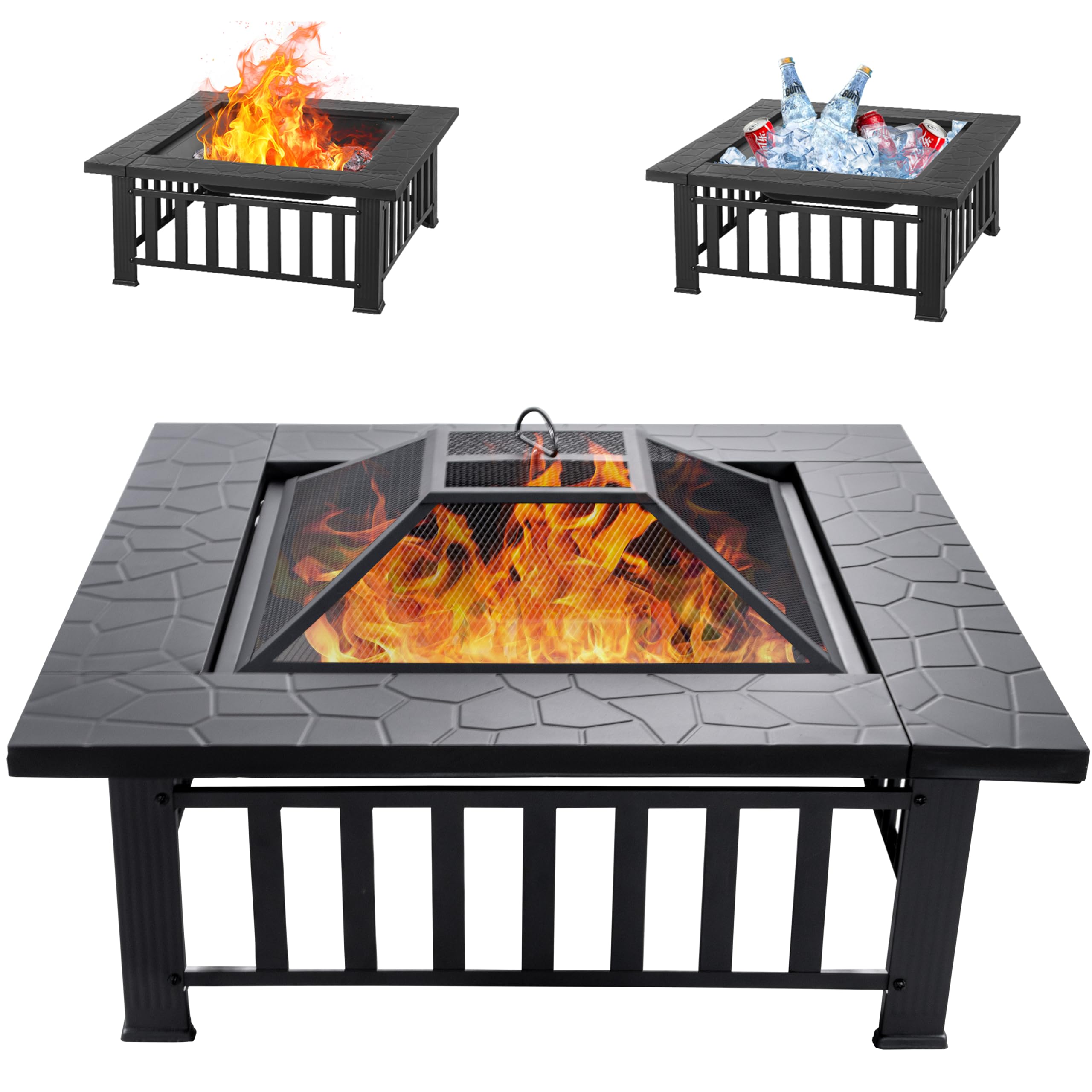 32 inch Fire Pit, Square Outdoor Fire Pit Table with Spark Screen & Fire Poker, 3-in-1 Multipurpose Firepits for Outside, Fireplace for Yard, Garden, Patio