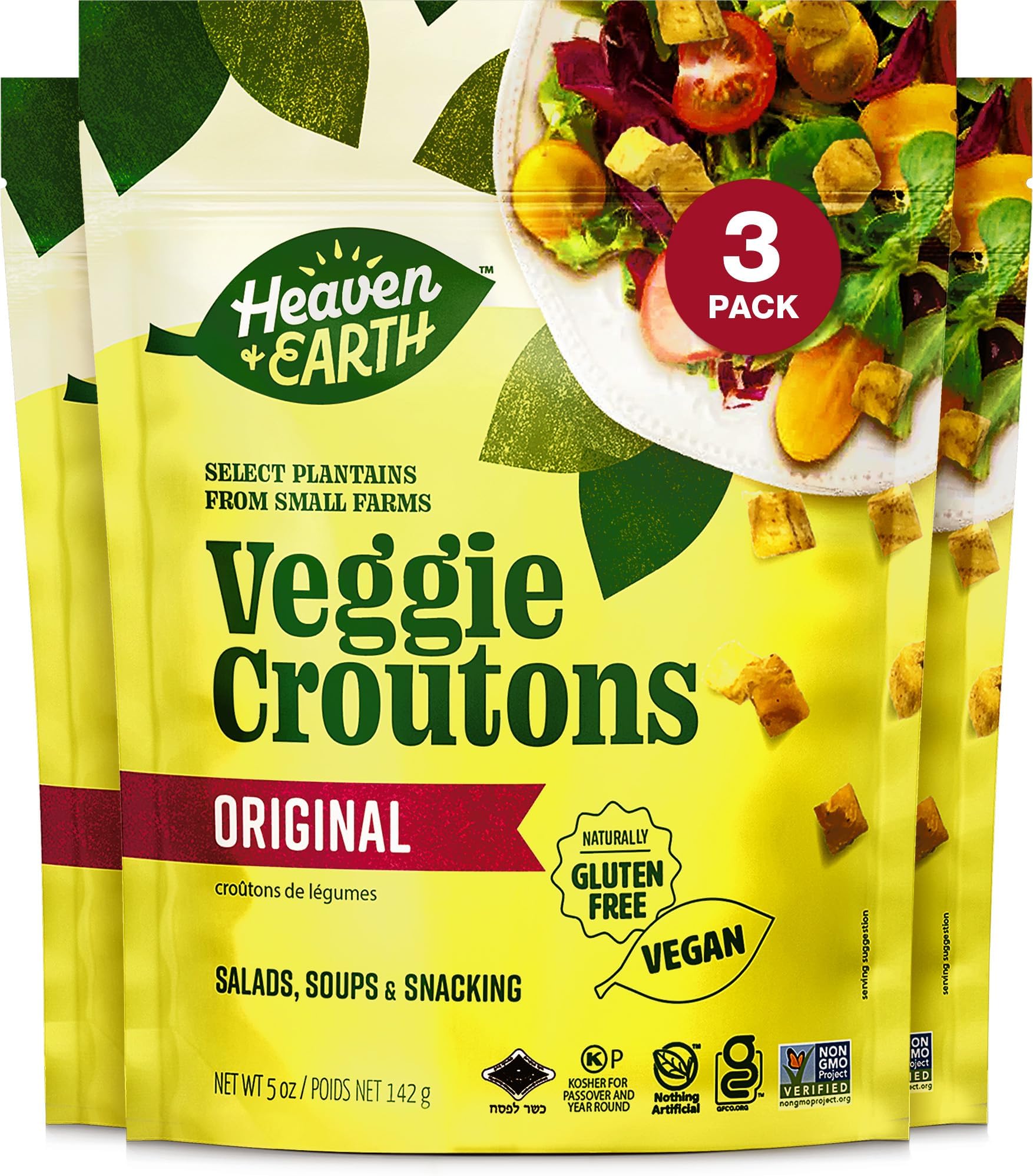Heaven & Earth Veggie Croutons, 5oz (3 Pack) Gluten Free, Made from Plantains, Nothing Artificial, Great for Salads, Soups & Snacking!