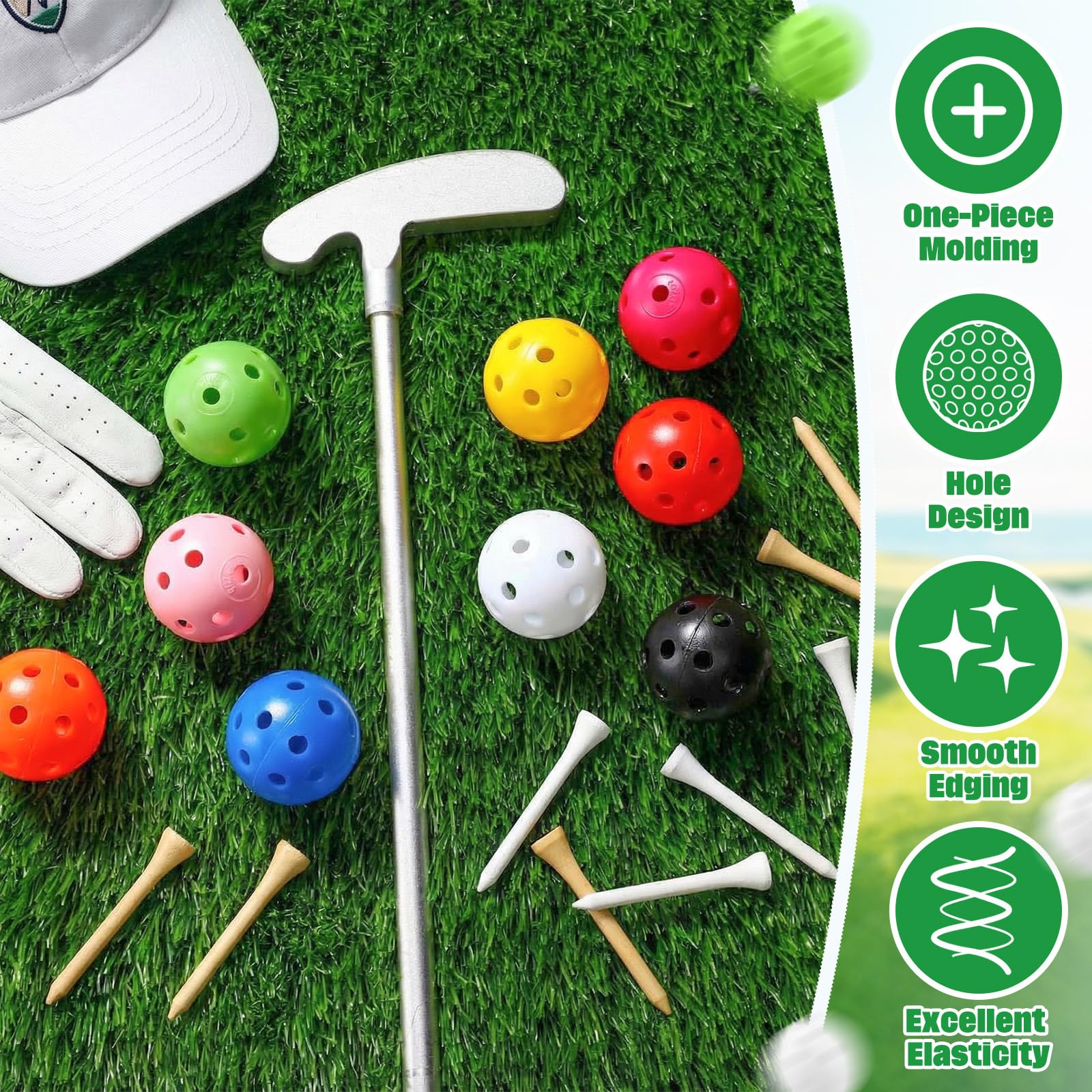 Übungsgolfbälle: 200 Stück, 42 mm, limitierter Flug, Kunststoff-Golfbälle mit 5 Netzbeuteln – Trainings-Hohlball für Hinterhof, Driving Range Swing Indoor Outdoor Home