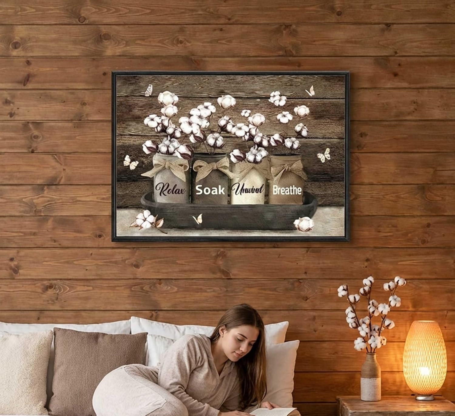 Framed Farmhouse Bathroom Wall Art Rustic Cotton Flower Bathroom Pictures Wall Decor Vintage Relax Soak Unwind Breathe Sign Painting Country Flower Bath Canvas Prints For Washroom Home 16x12 Inch