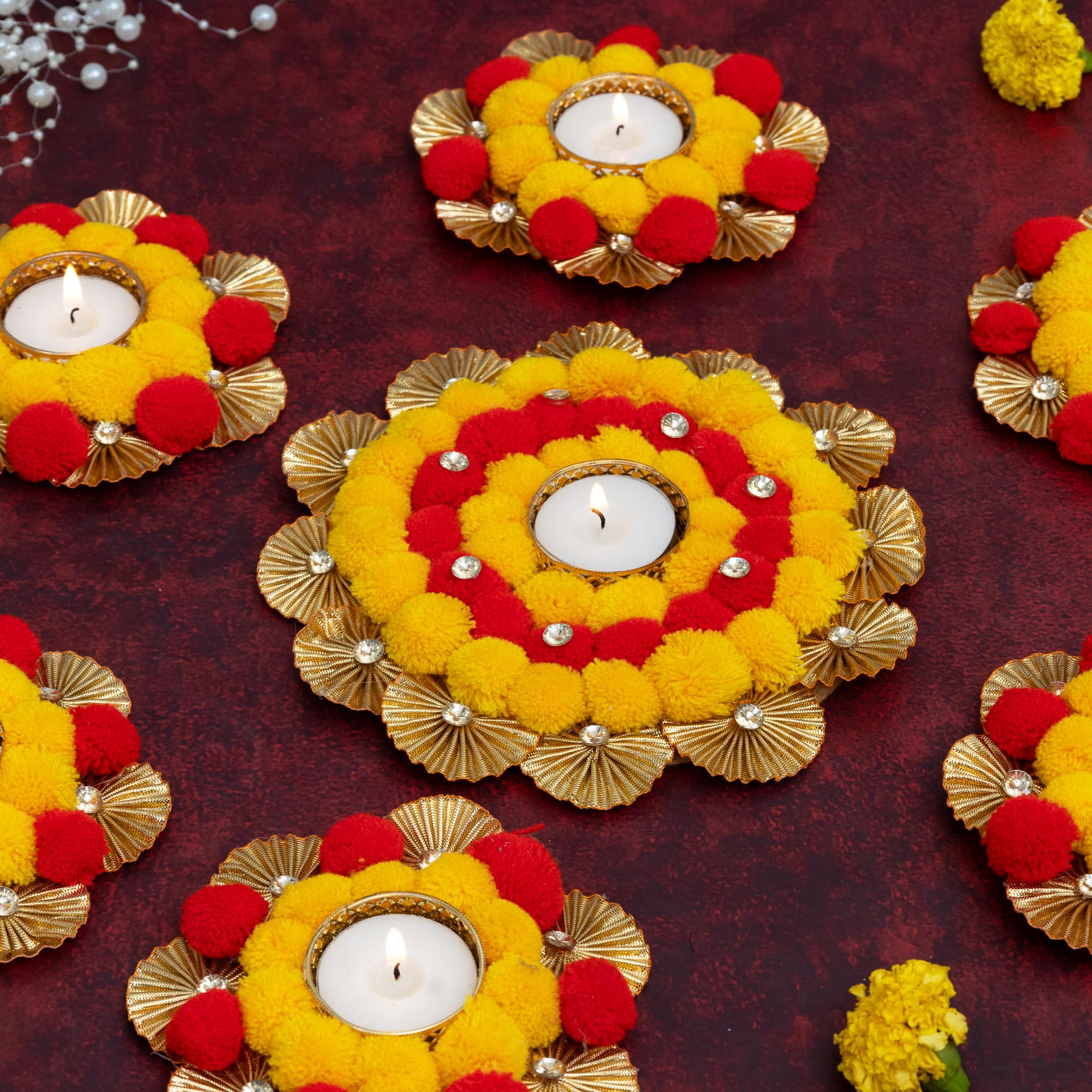 HomeSquare Tealight Holder Rangoli with Artificial Flowers & Tea Lights - Set of 7 Tealight Candle Holders (B0DGL7PV35) Amazon Price History, Amazon Price Tracker