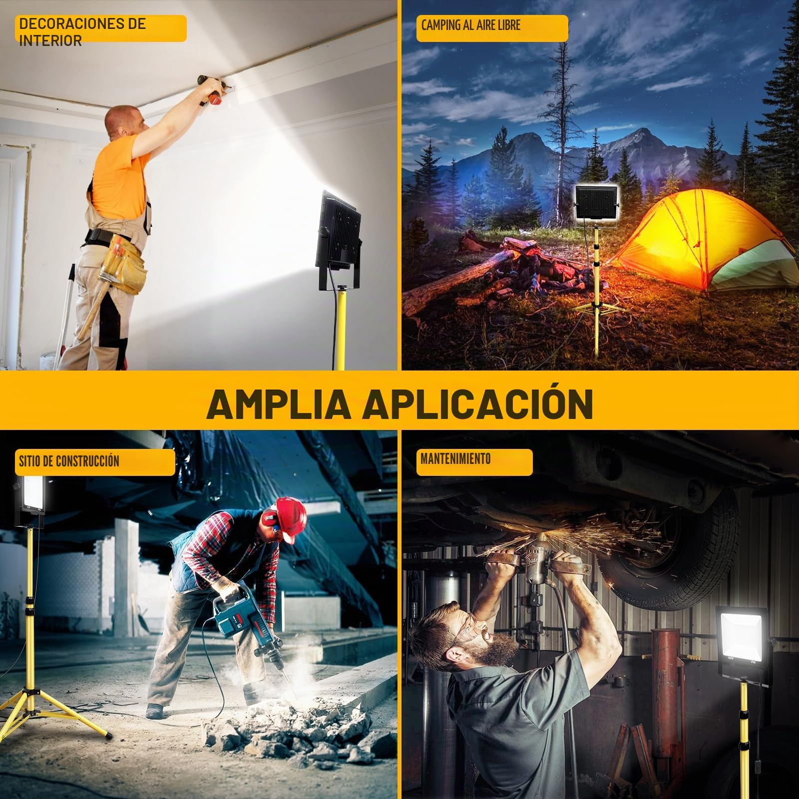 RIGIDON 100W 10000lm foco led trípode telescópico, luz de trabajo portátil | cable de 5 metros, altura ajustable de 102 a 193 cm, proyector led, para taller mecanico obra de construcción garaje jardín