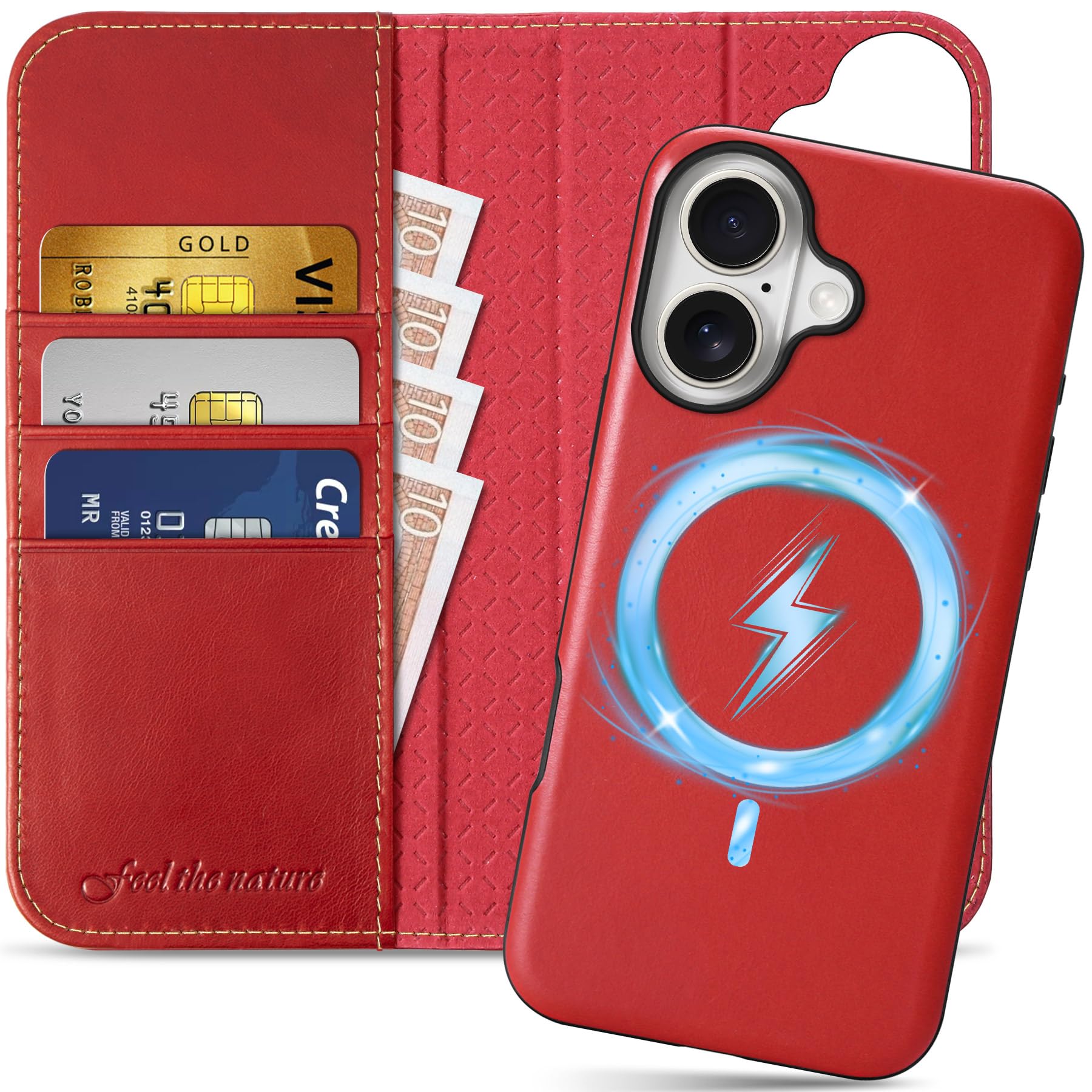 SHIELDON Wallet Case for iPhone 16 6.1" 2024, Genuine Leather Detachable 2 in 1 Book Magnetic RFID Blocking Card Slot Kickstand Shockproof Wireless