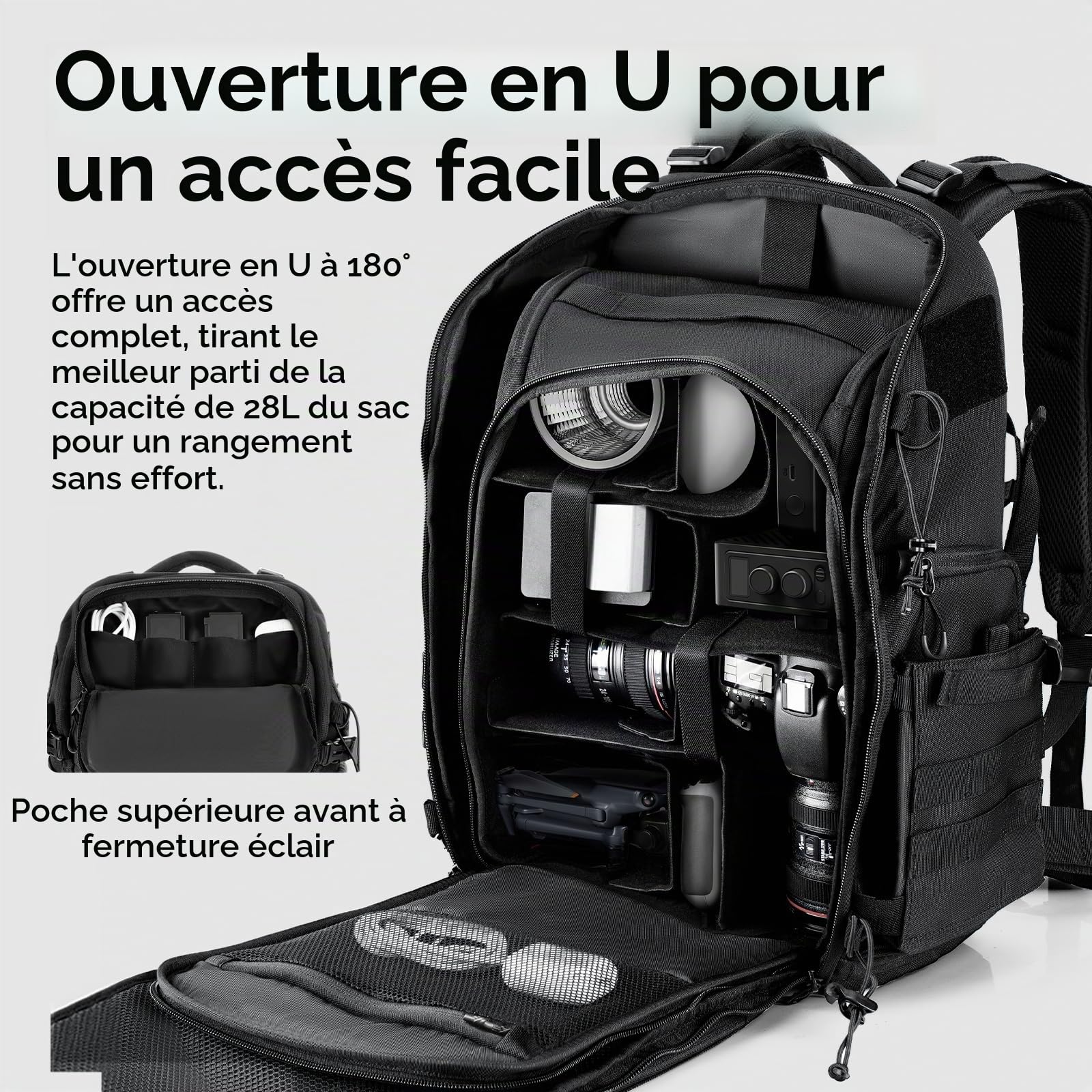 ULANZI 28L Sac à Dos pour Appareil Photo, Sac Appareil Photo avec Multiples Points d'ancrage, 7 DIY Compartiments de Rangement, Ordinateur Portable 15,7'' pour Appareils Photo Reflex, Drones, Trépieds