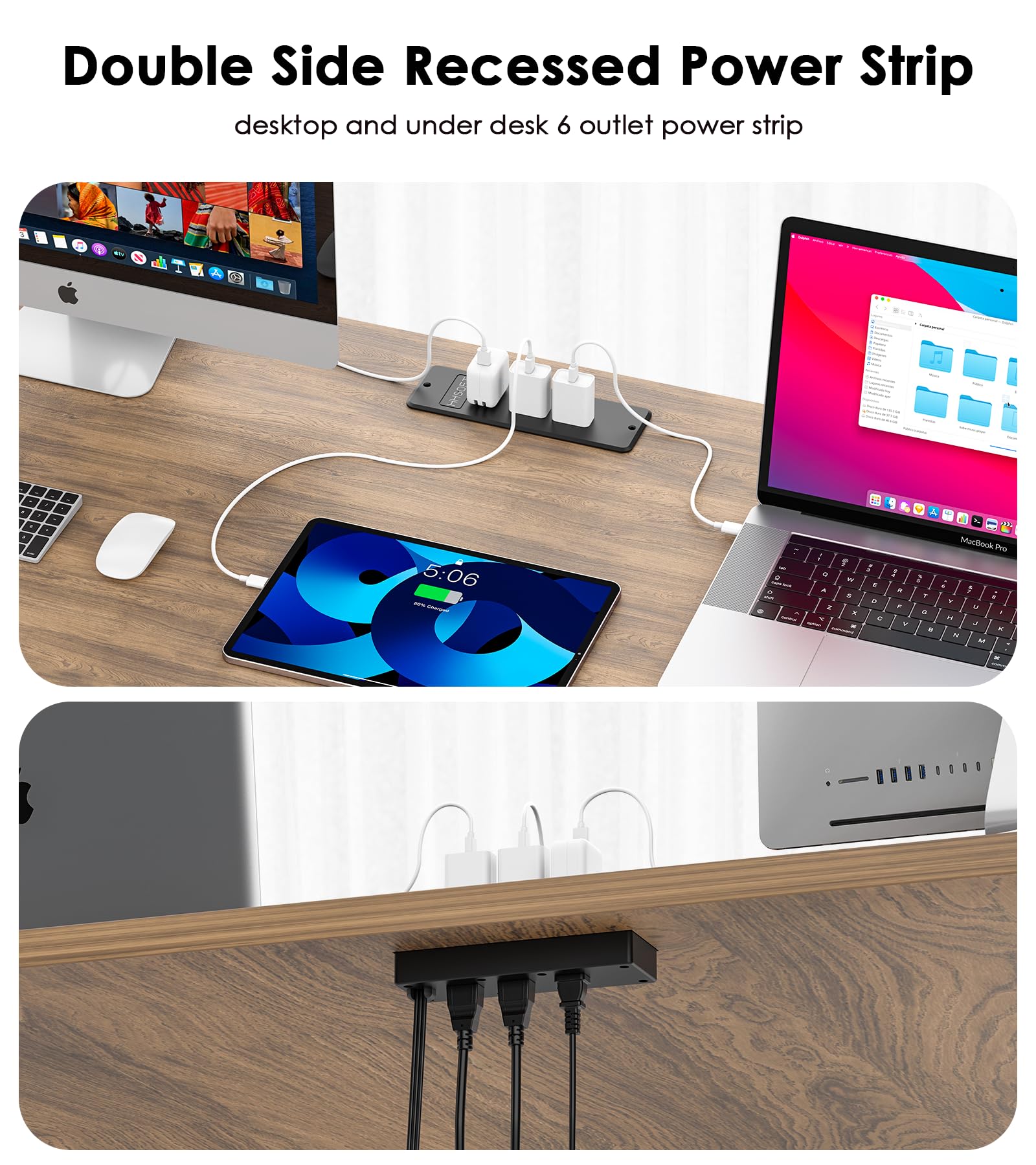HHSOET Recessed Power Strip, Fast Charging Furniture Outlet Flat Plug, Flush Mount Surge Protection with 6 AC Outlets, 6ft Power Cord for Conference Table, Nightstand
