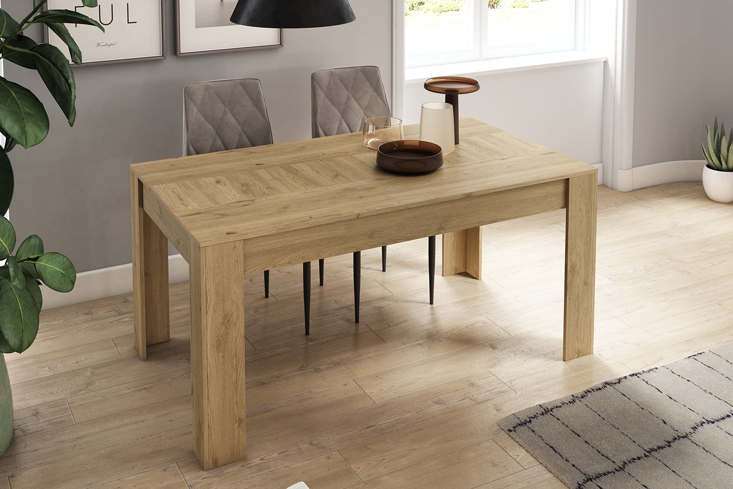 Skraut Home | Ensemble de Meubles modèle Naturale |Table Extensible 140x90x76, Buffet 140x40x80, Meuble TV 160x40x41 | Finition Mélamine Couleur Chêne/Noir