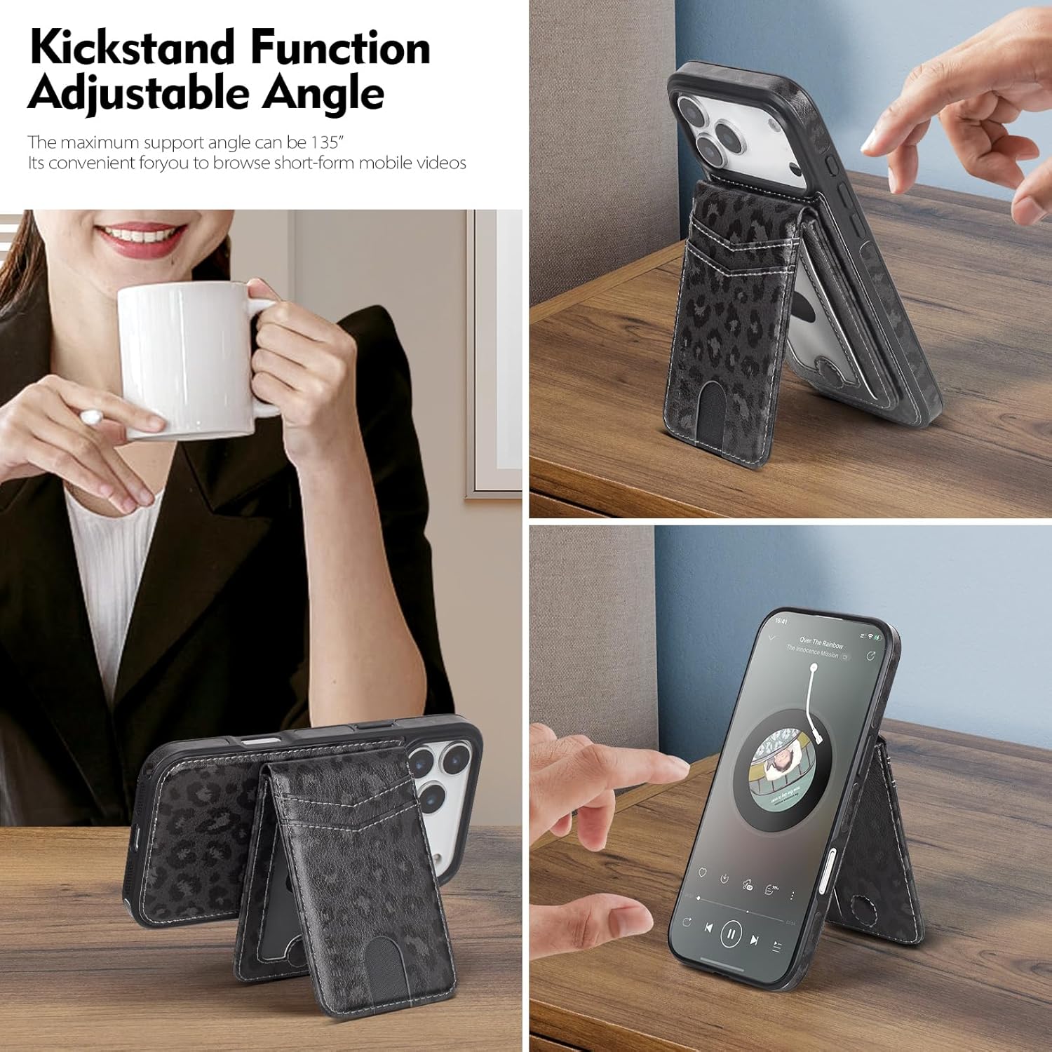 Compatible with Magsafe 2 in 1 Detachable iPhone 17 Pro Wallet Case with Card Holder for Women Men,Magnetic PU Leather RFID Blocking Flip Kickstand Credit Slots,for Apple 17 Pro,Leopard-Black - Image 5