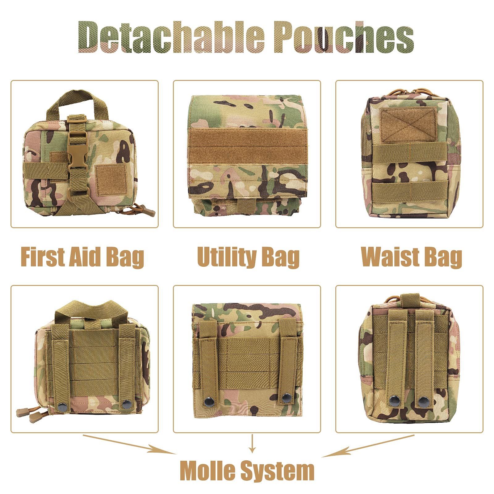 AIWAI Taktisches Hundegeschirr Molle-Weste No-Pull Sicherheitsgeschirr für mittlere und große Hunde verstellbar, Outdoor-Training Militärisches Material Geschirr mit Taschen L,Camouflage