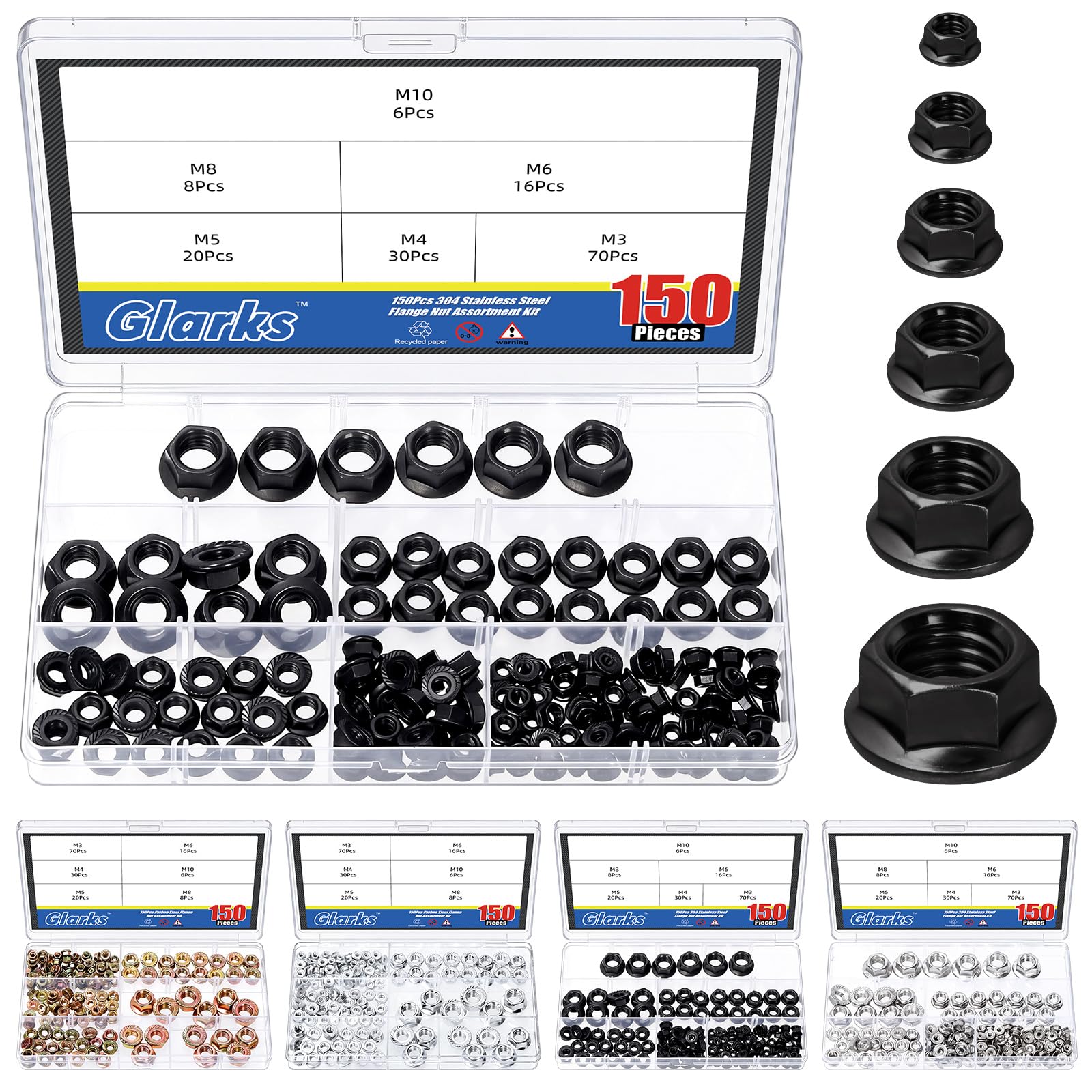 Glarks 150pcs M3/M4/M5/M6/M8/M10 Black Serrated Hex Flange Lock Nuts Kit, Stainless Steel Hexagon Metric Flange Nuts, Serrated Flange-Lock Nut for DIY Home Mechanism, Industrial Construction