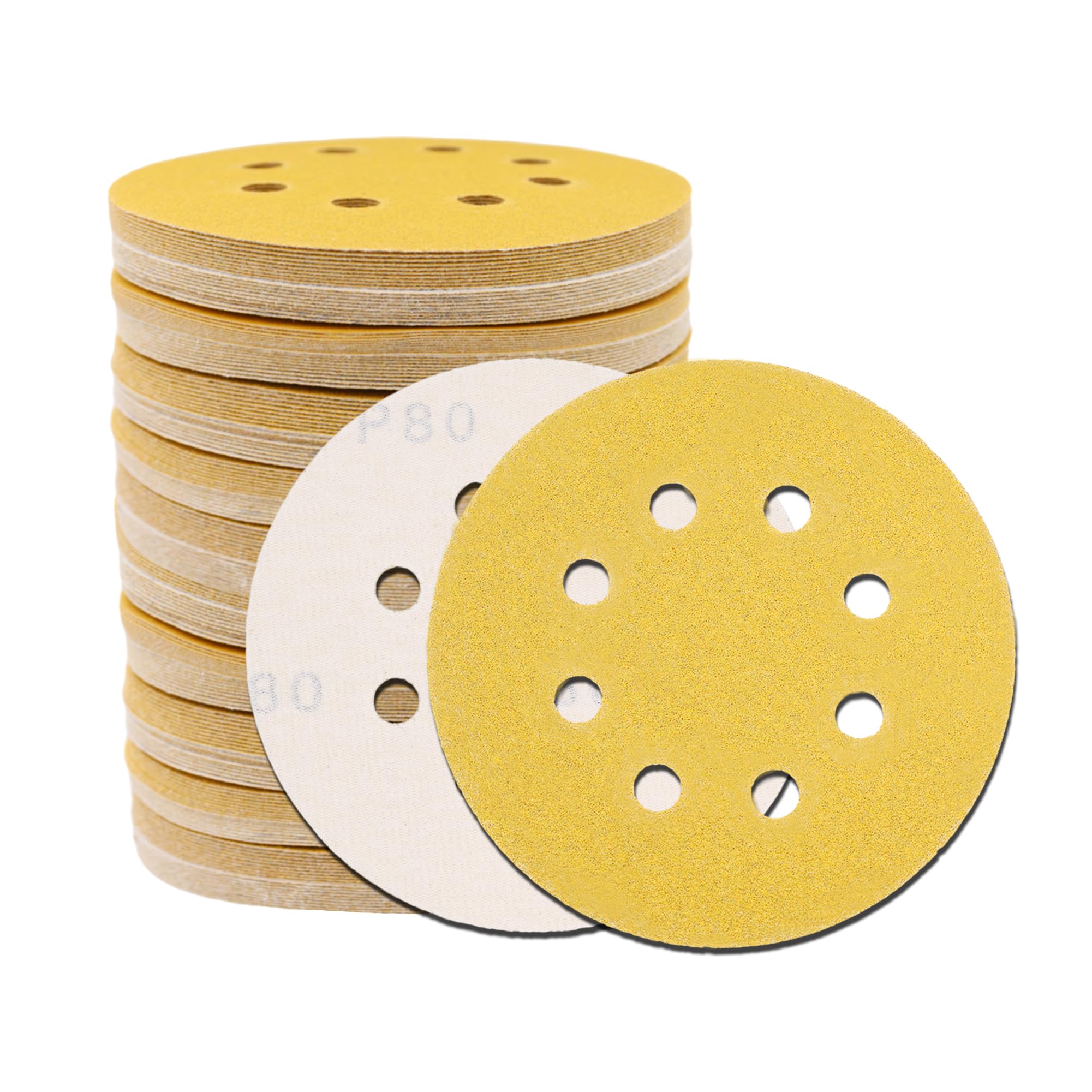 Ajkwp - Discos abrasivos orbitales de 8 agujeros de 12,7 cm, grano 80, para carpintería o discos de lijado, 100 unidades, lijadora orbital aleatoria dorada