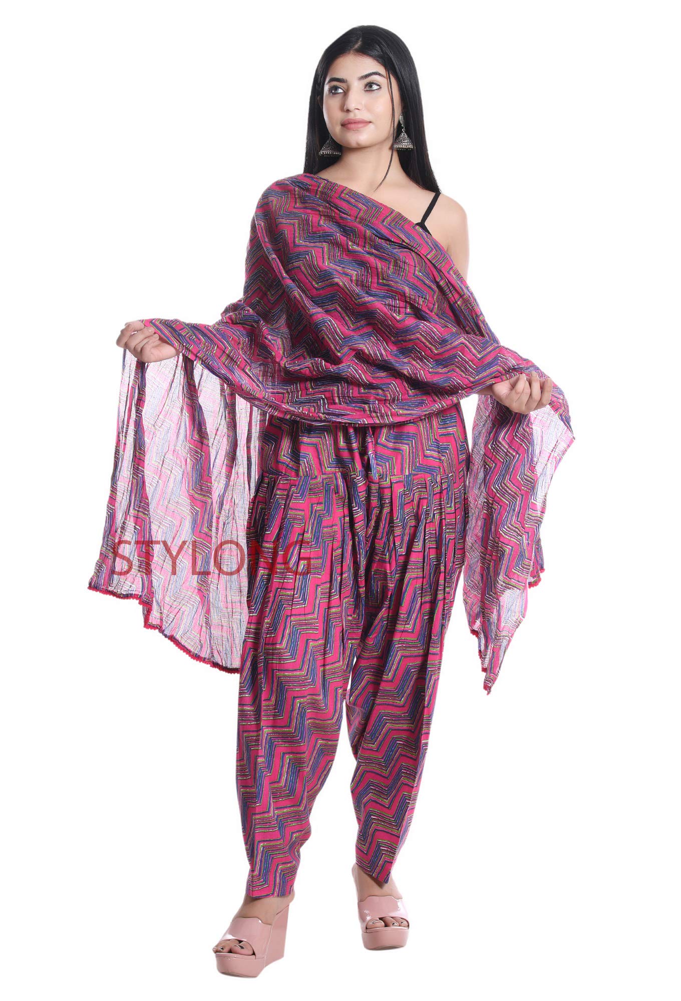 jaipuri Women's Loose Fit Leheriya Purple Patiala Mid Rise Pants Free Size-picture-38