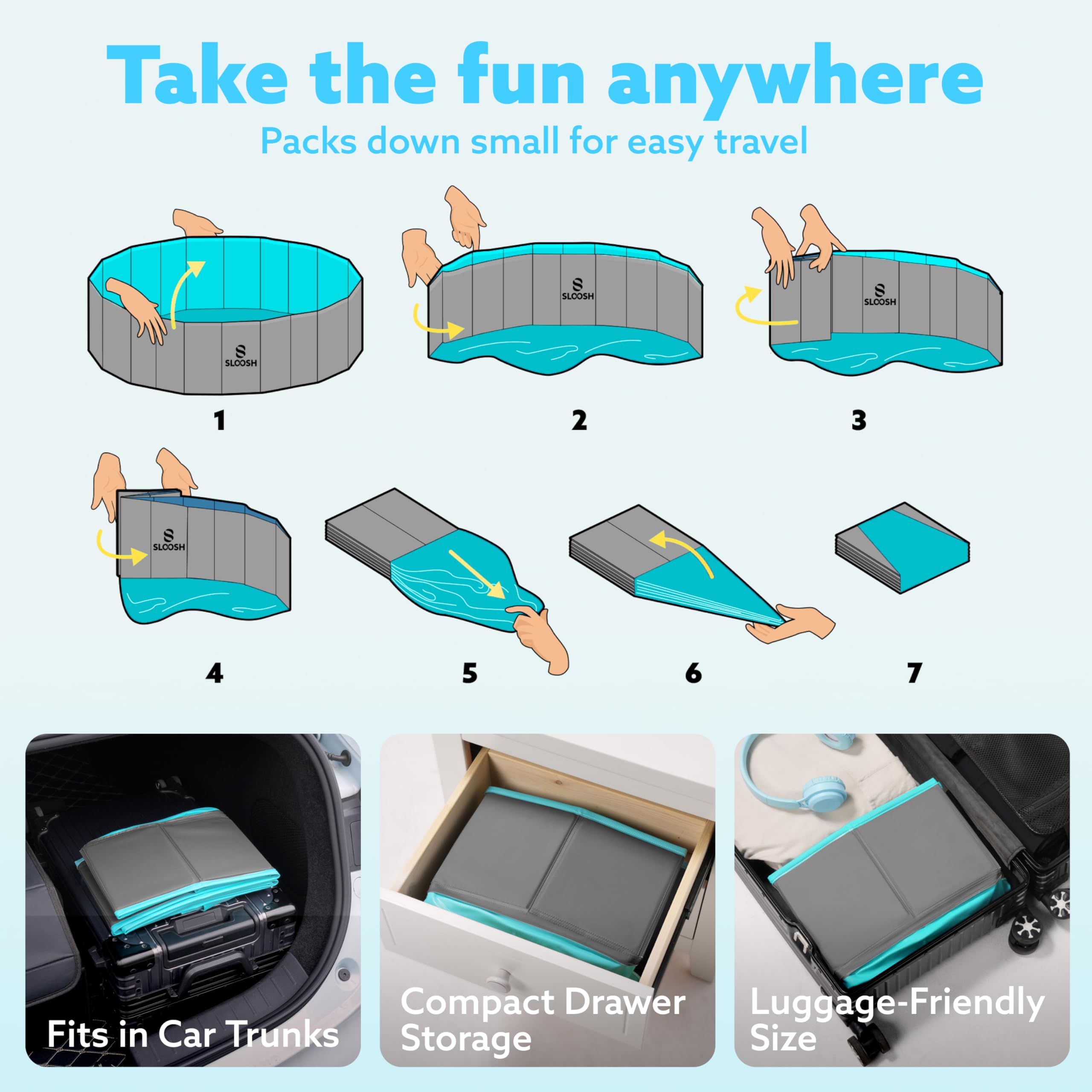 Sloosh Piscina pieghevole per cani, in plastica dura, portatile, antiscivolo, pieghevole, adatta per bambini, per uso interno ed esterno in cortile (121,9 x 30,5 cm, grigio)