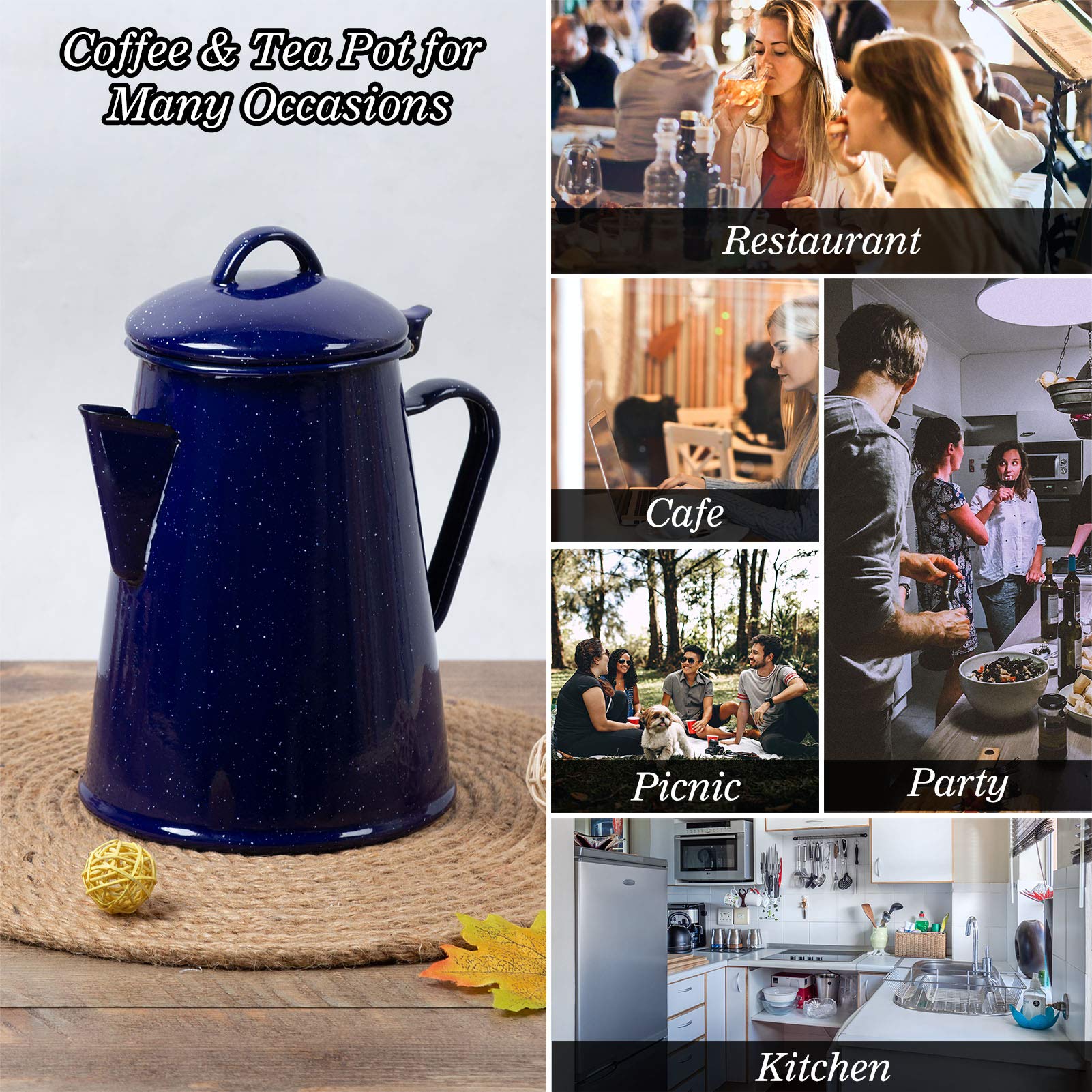Caffettiera smaltata vintage per tè, acqua, cucina, campeggio e utilizzo, facile da usare, con grande capacità e design retrò