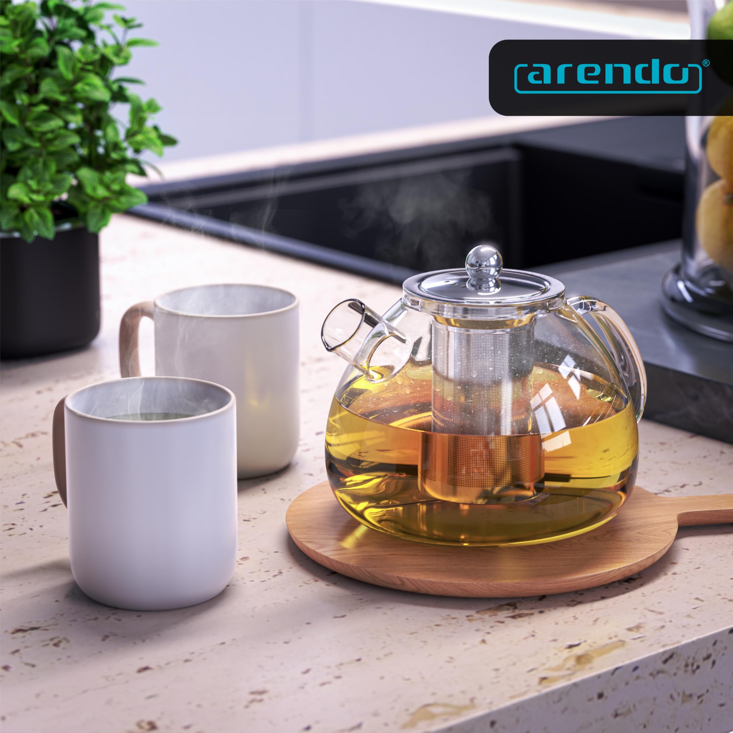 Arendo - Teekanne Glas mit Sieb - 1500 ml – aus Borosilikatglas – mit Edelstahlsieb – feinmaschig – hitzebeständig – Glasteekanne – für losen Tee Kräutertee Früchtetee – Teekocher – langlebig – feinma