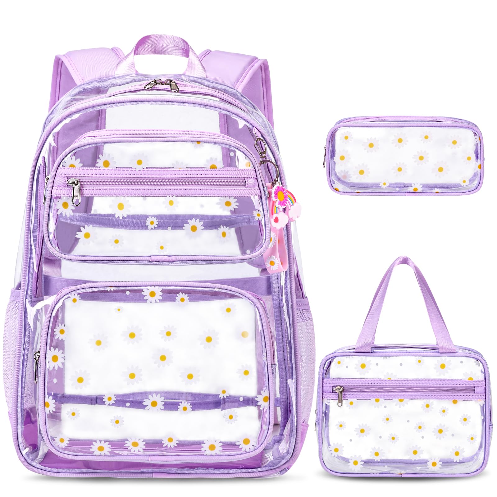 ACESAK Clear Backpack for Girls - 3 Pcs Clear Backpack Heavy Duty with Lunch Bag - See Through Bookbag Stadium Approved for Kids Middle High College