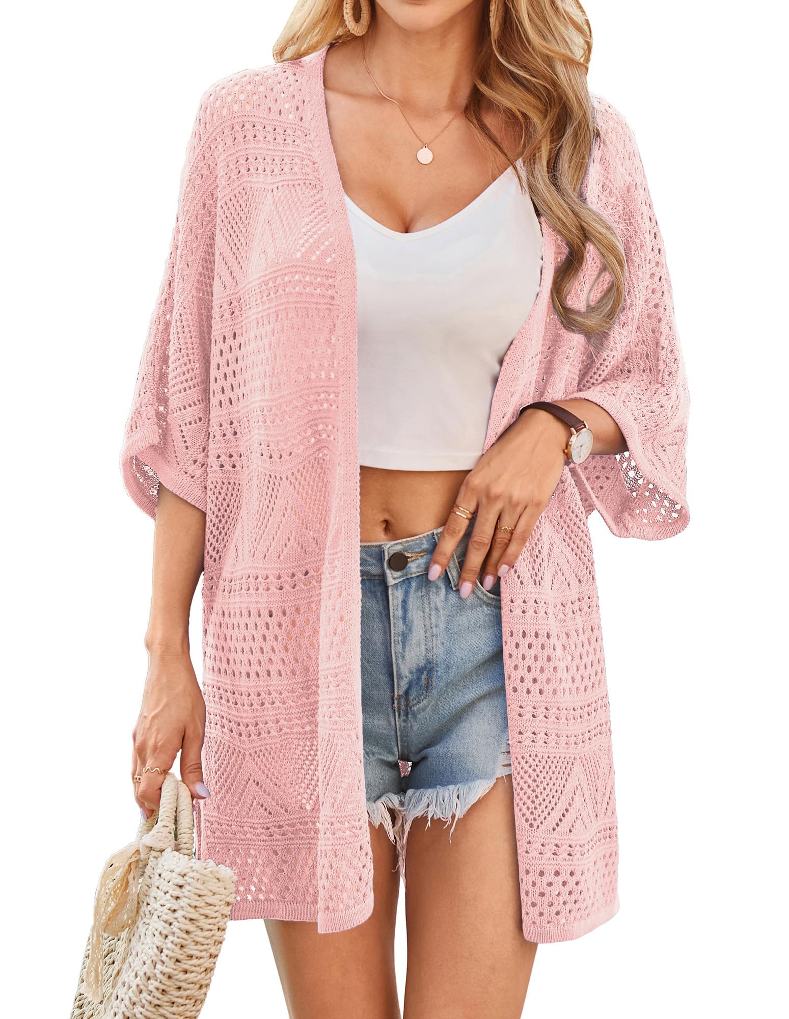 GRACE KARIN Damen Hohle Strickjacke Lässige Fledermaus Kurzarm Cardigan Lockere Lange Sommer Kimono Urlaub Strand Cover Up