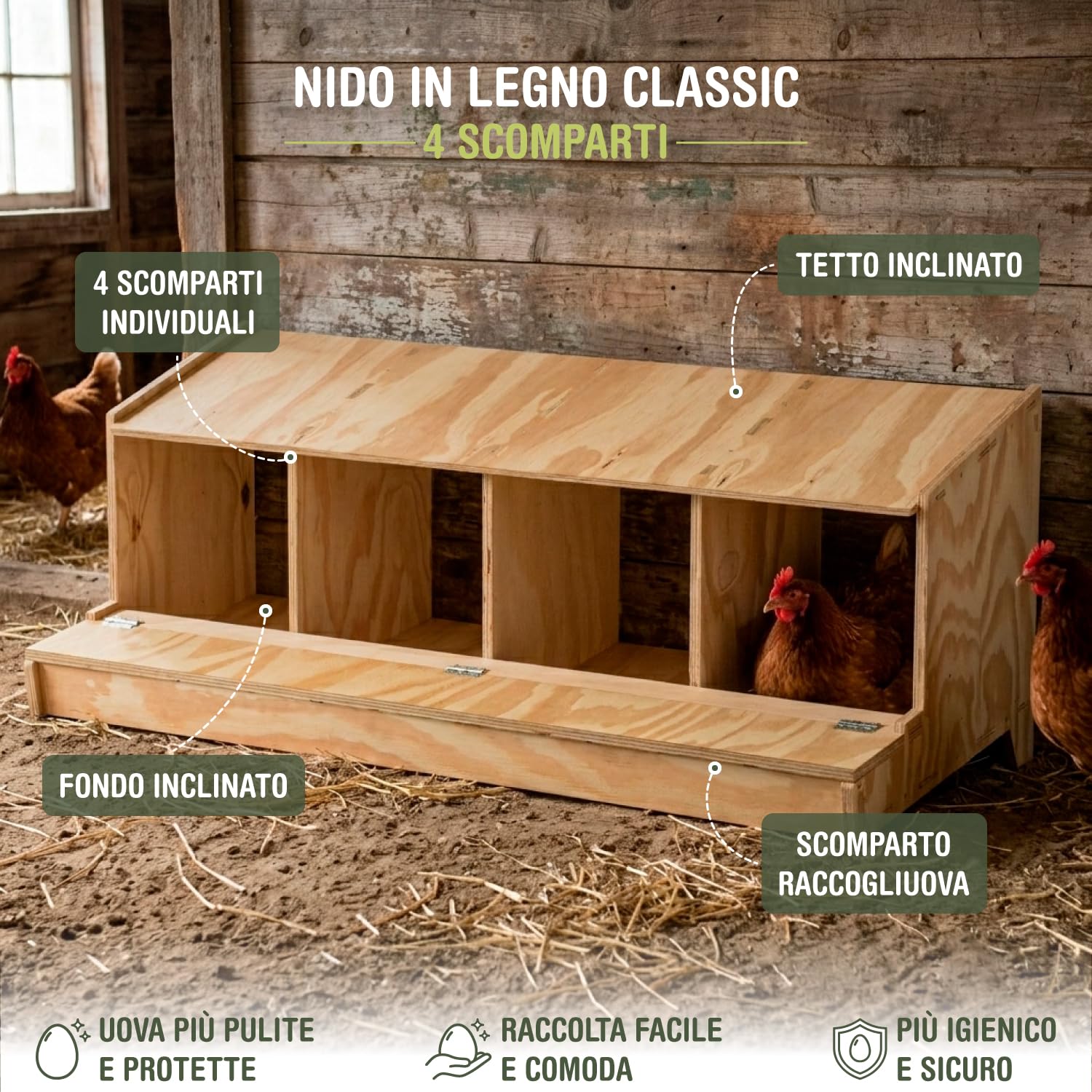 Portabiancheria in legno con 4 dipartimenti per galline