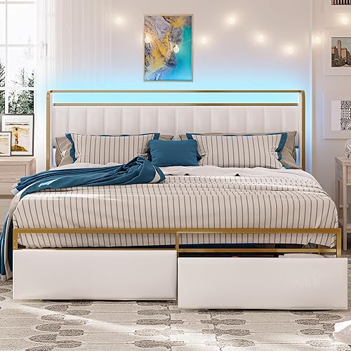 LIKIMIO Base de cama Queen con reposabrazos, cabecero y luz RGB, plataforma de cama tapizada tamaño Queen con cajones, no necesita somier, estudio y