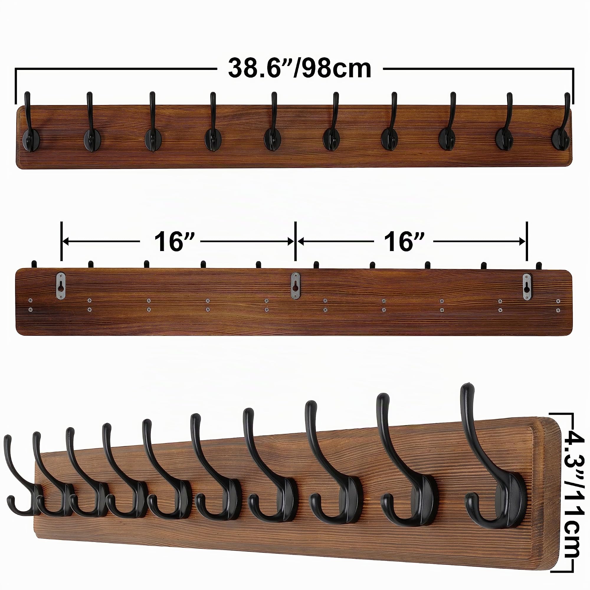 SKOLOO Gran perchero rústico de pared, de 98 cm de largo, fabricado en pino macizo, 10 ganchos para colgar ropa, albornoces, toallas, abrigos, mochilas, marrón