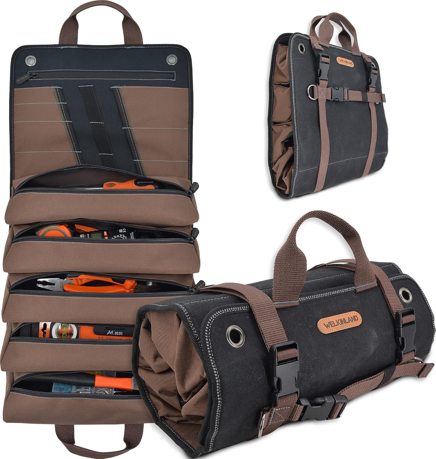 WELKINLAND Rouleau à Outils en Toile Cirée Robuste - 15 Poches, Capacité 15 L, Sac à Outils Enroulable, Organisateur