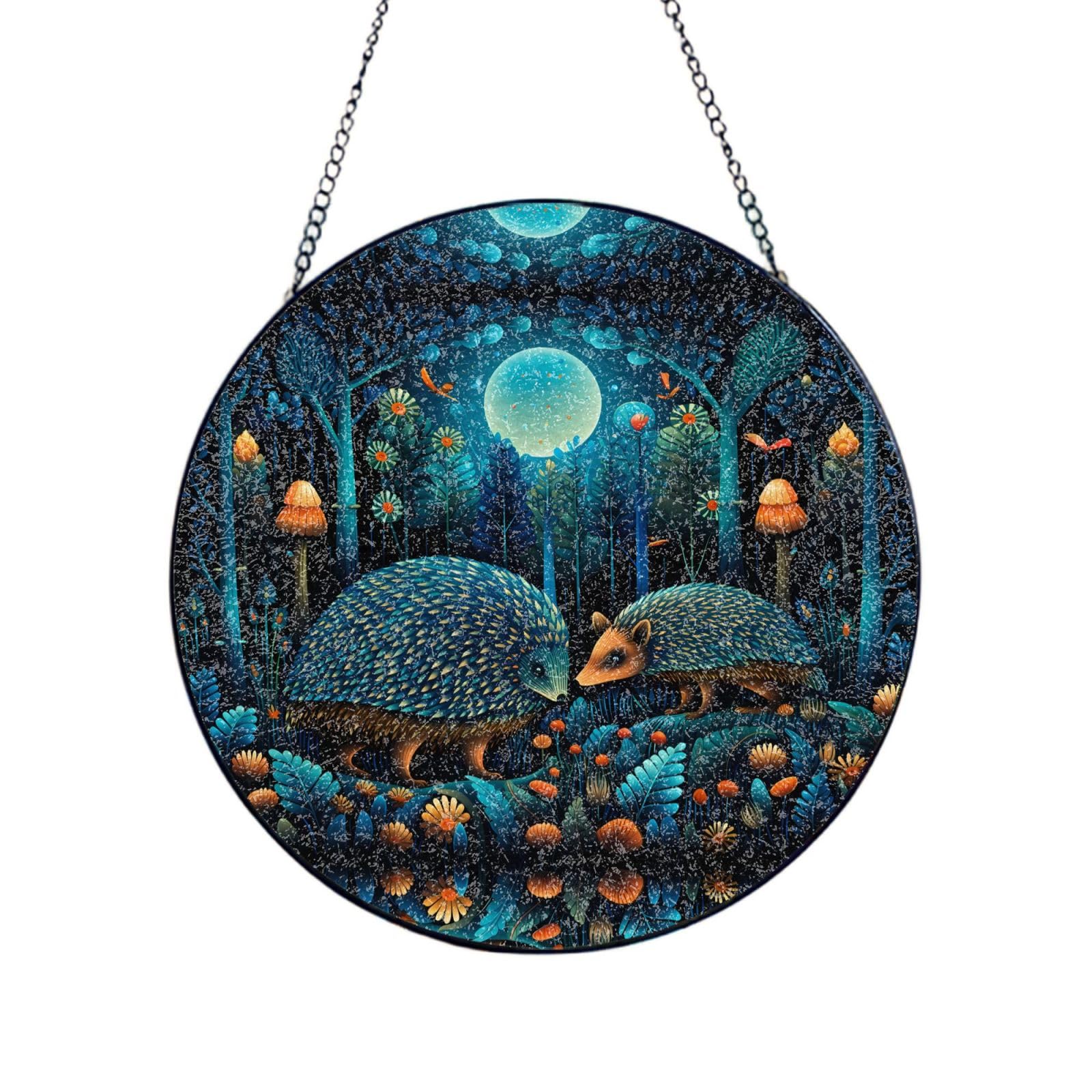 Phayah Blue Forest Hedgehog Print Glass Window Hanging Round Suncatcher Glass Ornament Garden Wall Fence Decorations Indoor Outdoor 6in（15cm）