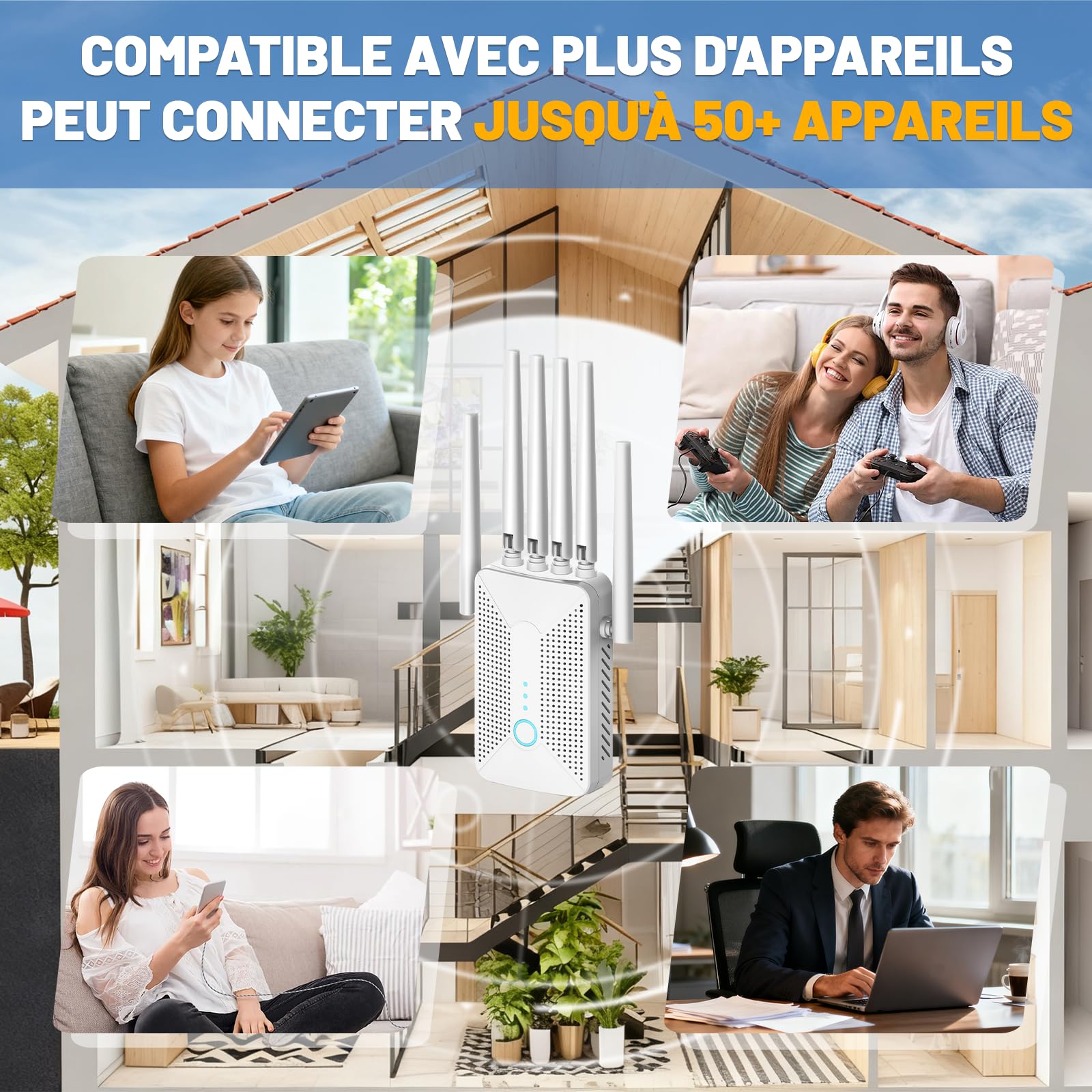 Repeteur WiFi Puissant,Amplificateur WiFi de dernière Technologie avec 6 antennes,Jusqu’à 600㎡ de Couverture WiFi,1 Port Ethernet,Augmente la Couverture WiFi,Configuration Facile - 4