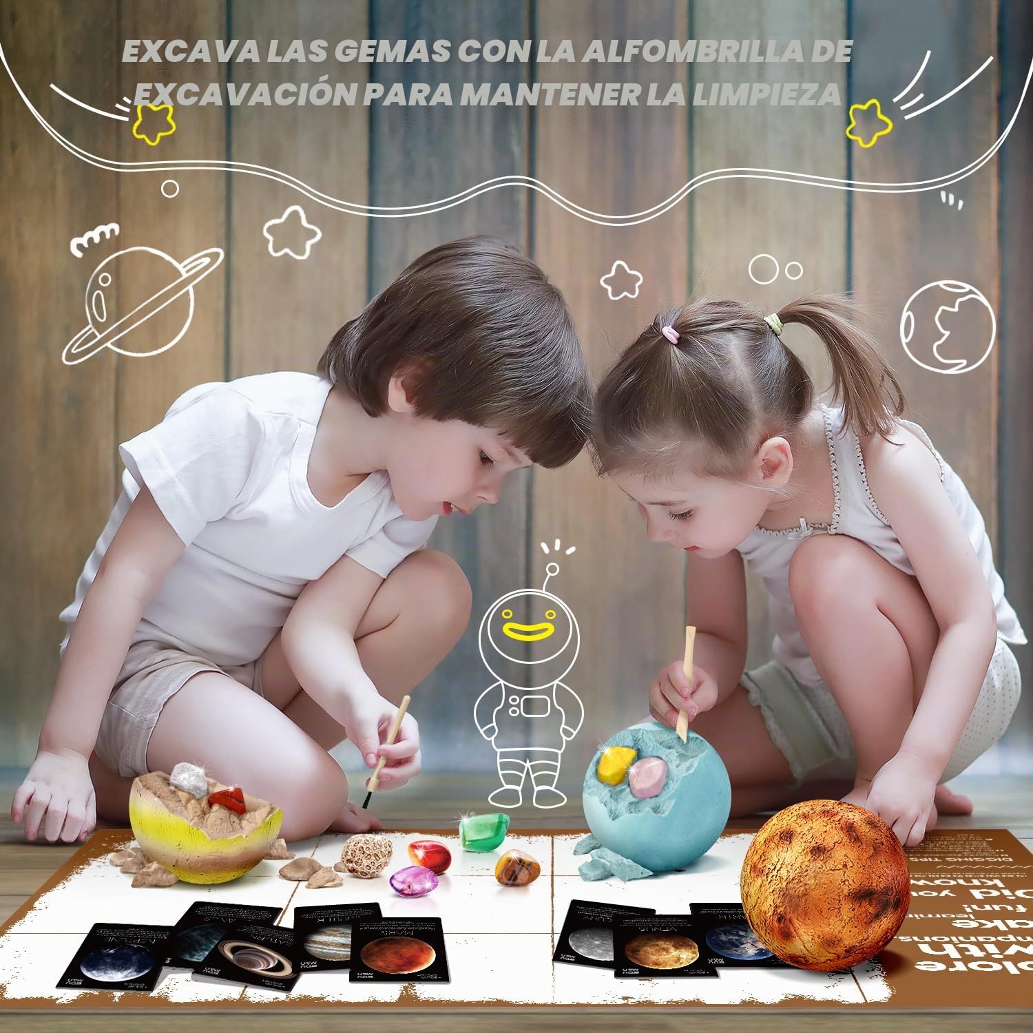EDUMAN Kit de excavación de Piedras Preciosas: desentierra 40 Gemas y Cristales Reales con Herramientas de minería, Sistemas solares de Ocho Planetas para niños de 6 a 8 años, Juguetes educativos de