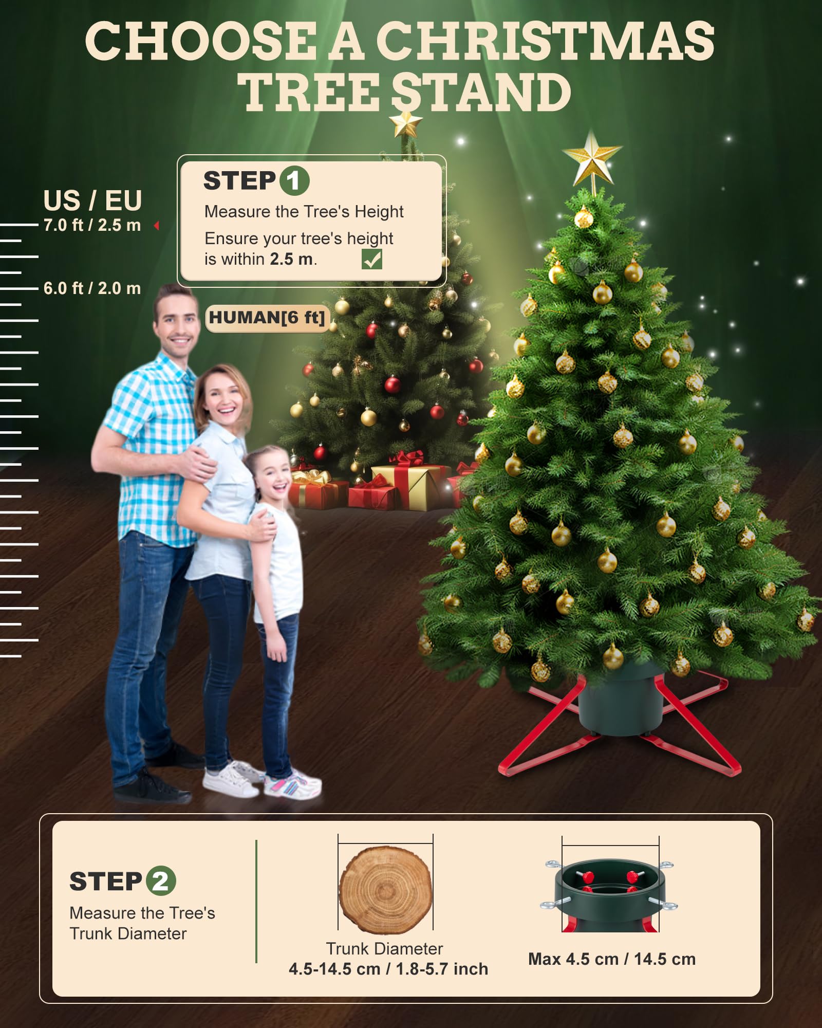 PUDO Christbaumständer Weihnachtsbaumständer Tannenbaumständer mit Wassertank: Baumständer Weihnachten mit Wasserbehälter Christmas Tree Stand für Bäume bis 2,5m Stamm 4,5-14,5cm Trendy Grün
