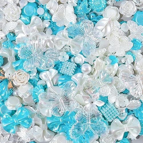 250 cuentas de resina 3D con parte trasera plana en 3D, lazos de flores de resina azul lago, cuentas de mariposa con perlas planas redondas para