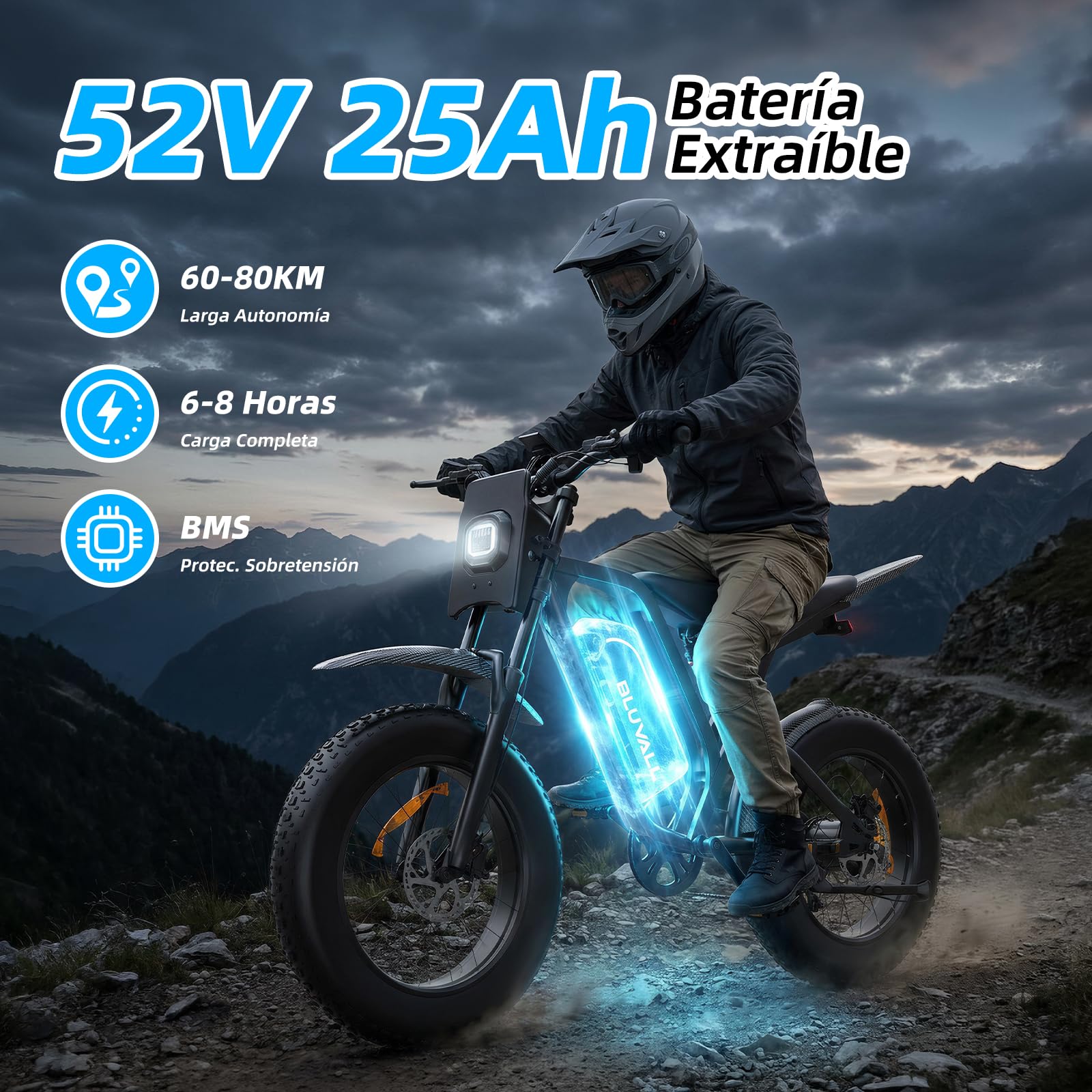 R700 Bicicletta Elettrica da Trekking per Donna Uomo, 20 x 4" Grassi Pneumatici Ebike Con 52V 25Ah Batteria Rimovibile, Motore da 250 W, 80KM Autonomia, con Cambio a 7 Marce, per Adulti
