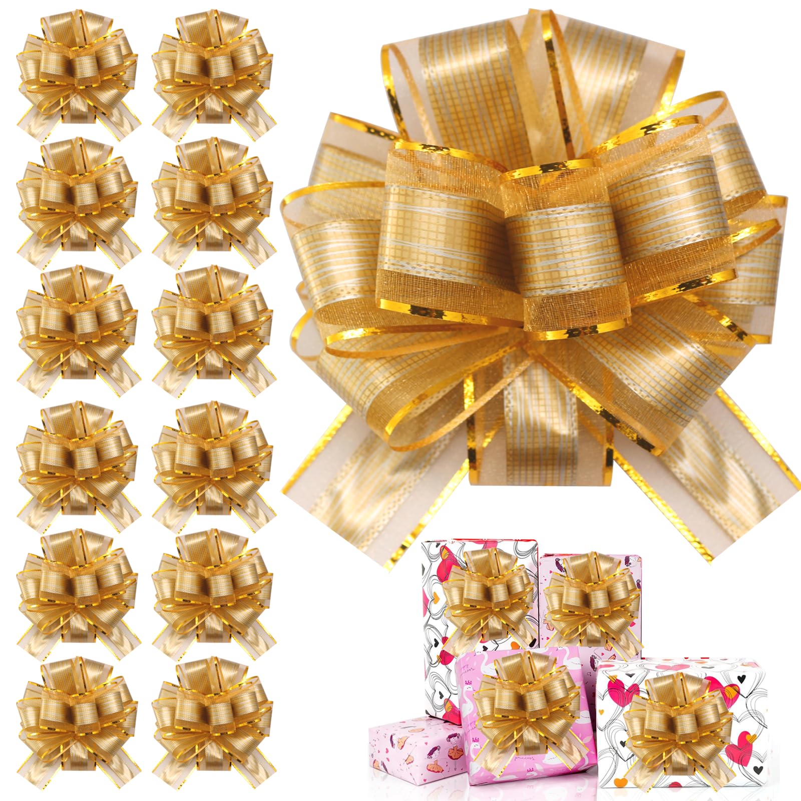 FQTANJU 22 Pieces 6 Inches Pull Bow Wrapping Pull Bow Ribbon Pull Bows for Christmas Wedding Valentine's Day Present Wrapping Decoration, Multicolor Gift Baskets Bow (Gold)