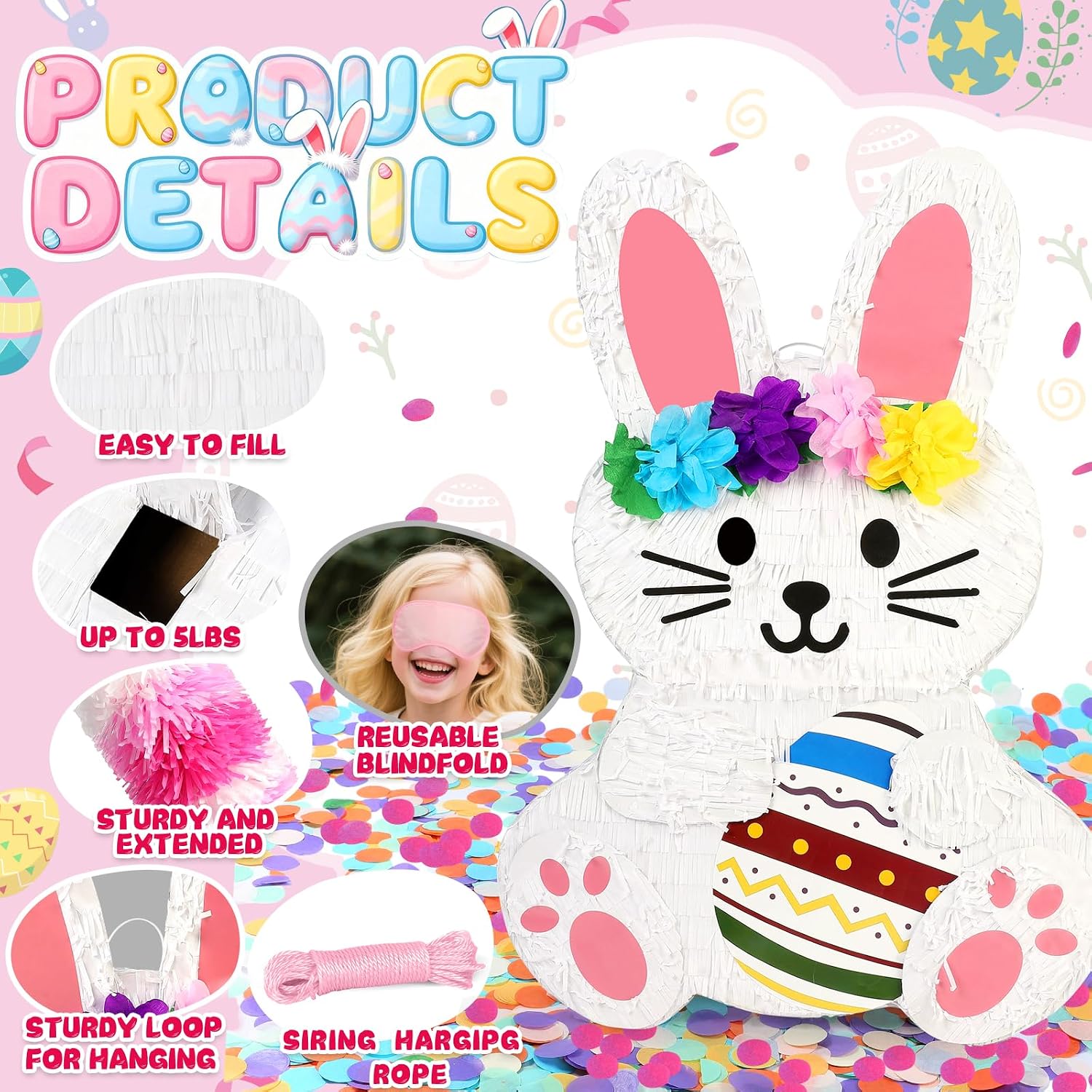 25" Large Bunny Pinata for Kids Birthday Party - Cute White Rabbit Party Supplies with Matching Stick, Blindfold & Confetti - Sturdy Spring Theme Decor for Easter & Baby Shower