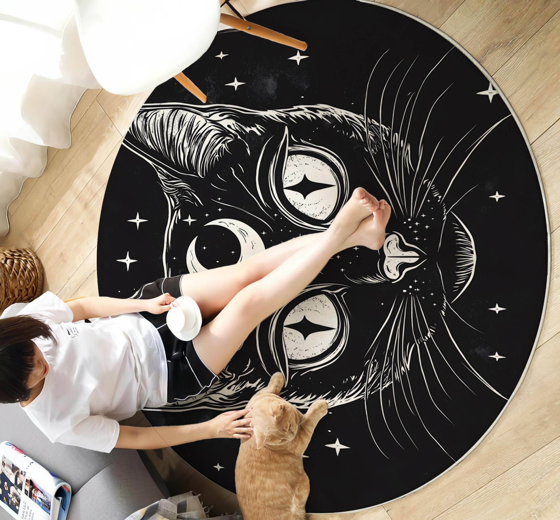 Tapis Rond,Impression Chat Noir De La Lune Décoration Antidérapant Animaux Punk pour Bureau Salon Chambre Cuisine Balcon Terrasse Salle Manger Intérieur Extérieur,Noir Et Blanc 120Cm