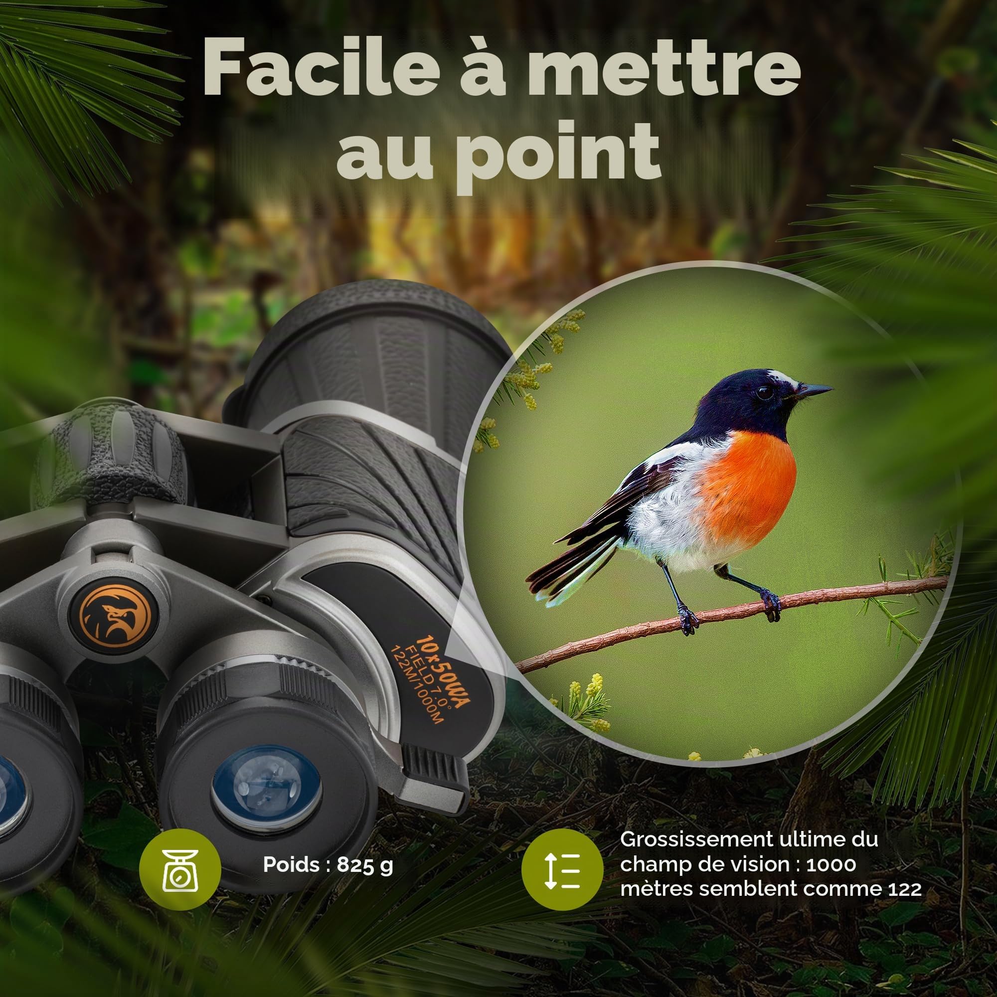 Jumelles 10 x 50, multiples [vainqueur du test] pour adultes, technologie Eagle-Eye, oculaire HD 22 mm, BAK4+FMC, pour porteurs de lunettes, voyage, chasse, observation des oiseaux