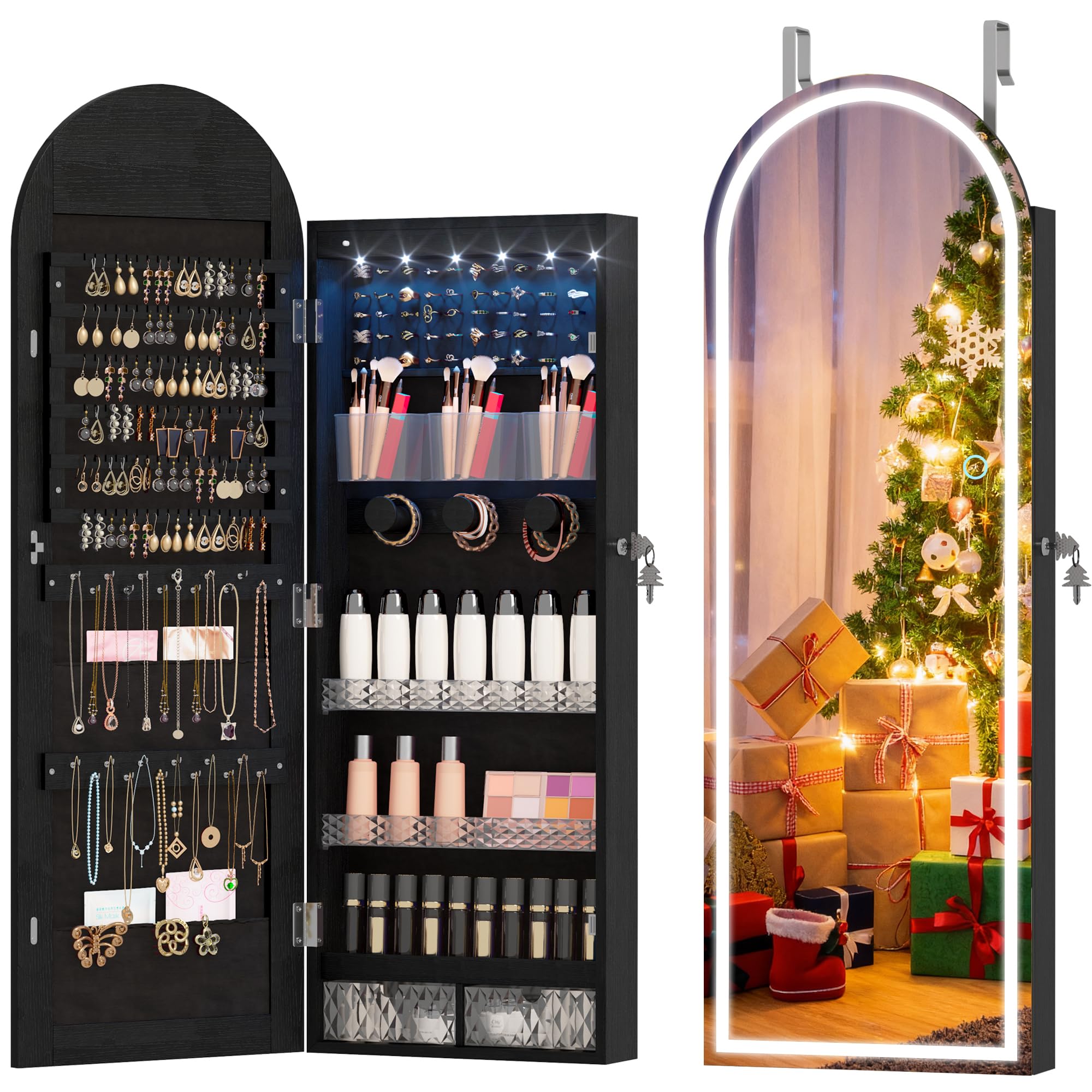 LVSOMT LED Gewölbter Schmuckschrank Hängend, Schmuckschrank mit Spiegel und Licht, Wand/Tür Hängend Schmuck Schrank Abschließbarer, Bogen Spiegel mit 3 Farben Licht, Höhenverstellbarer Haken, Schwarz