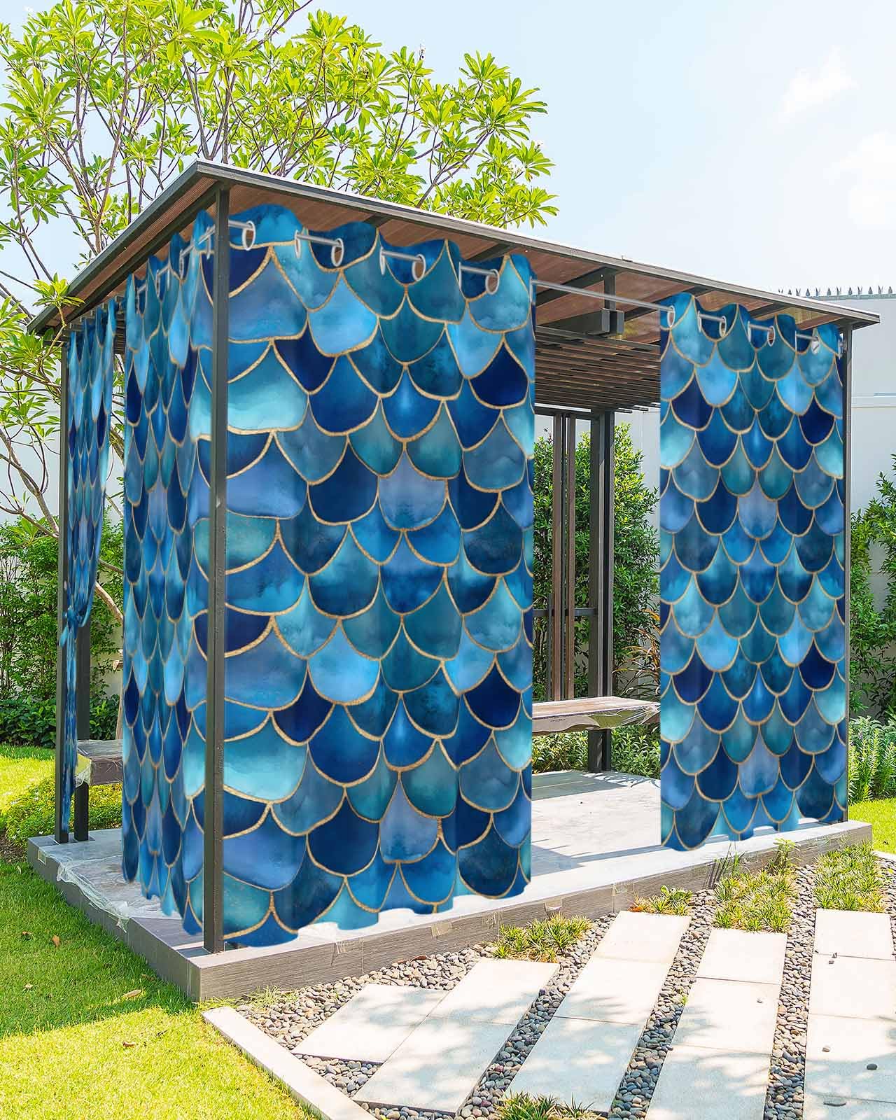 Waterproof Outdoor Curtains for Patio Porch, Summer Ocean Blue Gradient Fish Scales Grommet Curtain Panel Windproof Outside Curtains Tieback, Mermaid Abstract Art Weighted Window Treatment Drapes