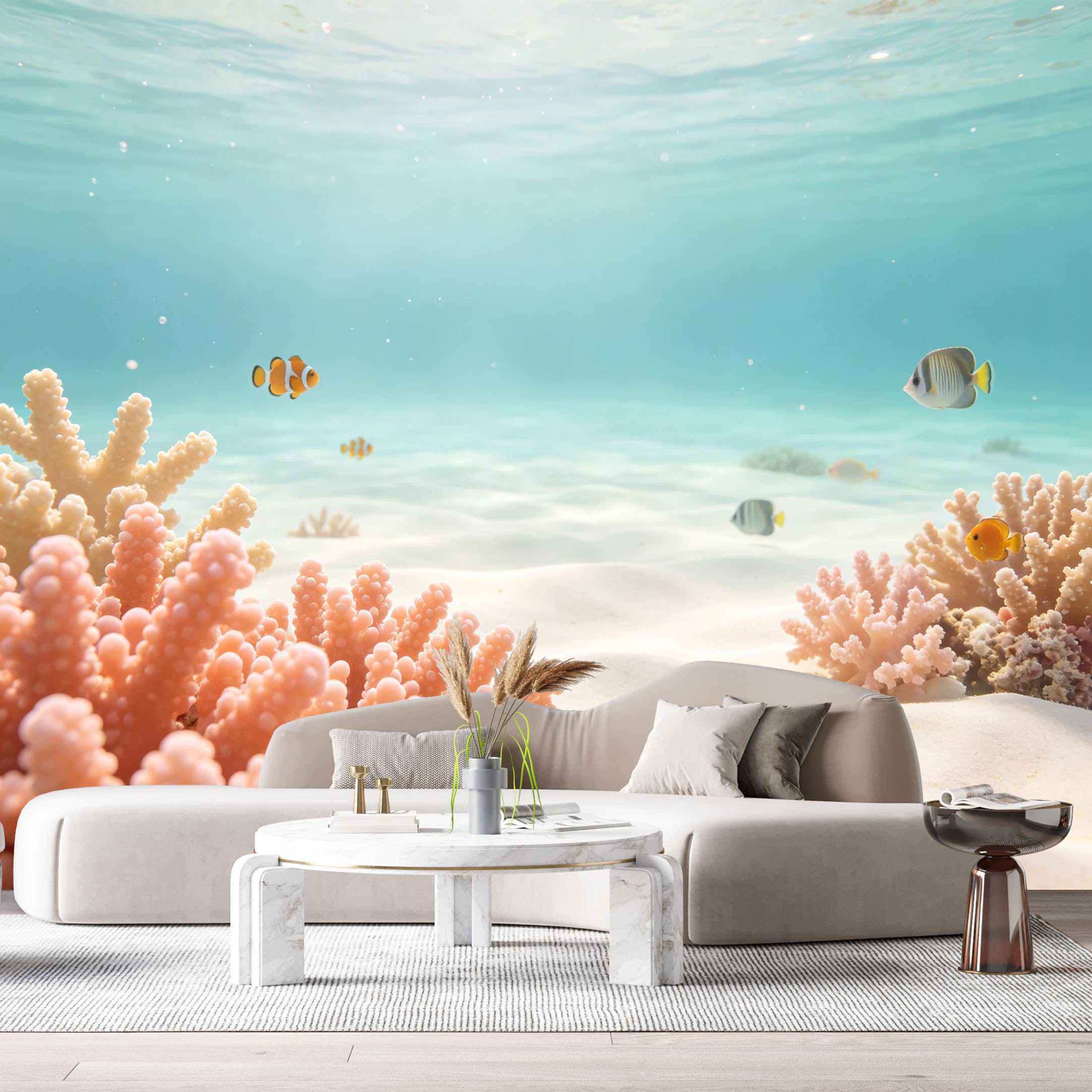 Custom Size Wall Murals Ocean Marine Tropical Coral Reef Vibrant Clownfish Underwater Scenery SelfAdhesiveWall Fabric Removable Wallpaper Wall Decor for Living Room Bedroom Bathroom