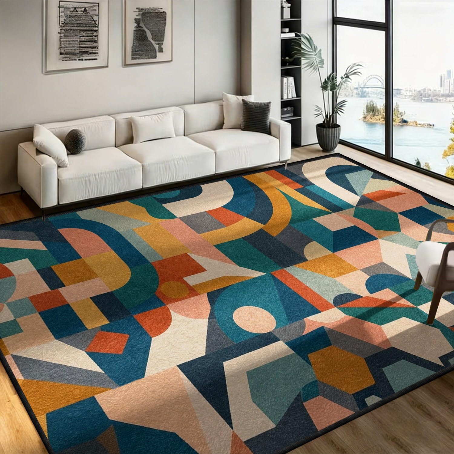 SOJAWA Scandinavian Blue Beige Geometric Living Room Rug 200x260cm, Modern Abstract Line Art Area Rug, Washable Non Slip Low Pile Soft Rug for Bedroom Home Office Decor