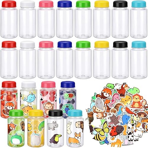 Skybooly 24 Pcs Multicolor 10oz Water Bottles Bulk Portable Colorful Plastic Water Bottles with 50 Pcs Animal Stickers and Pliers Clear Empty Reusable DIY Bottle for Juice, Drinks, Handbag, Sport